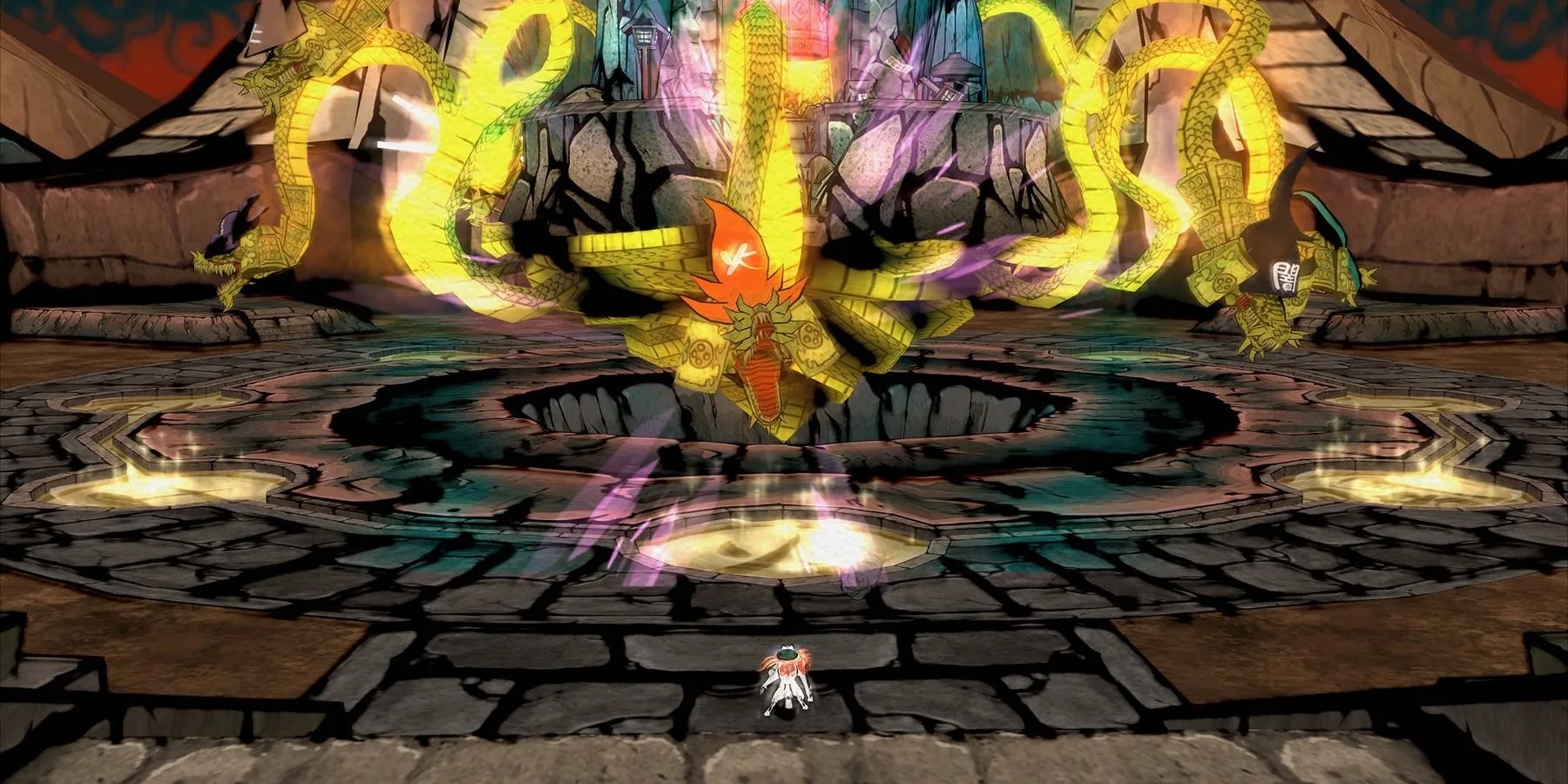 Amaterasu đối mặt với một con boss lớn trong Okami