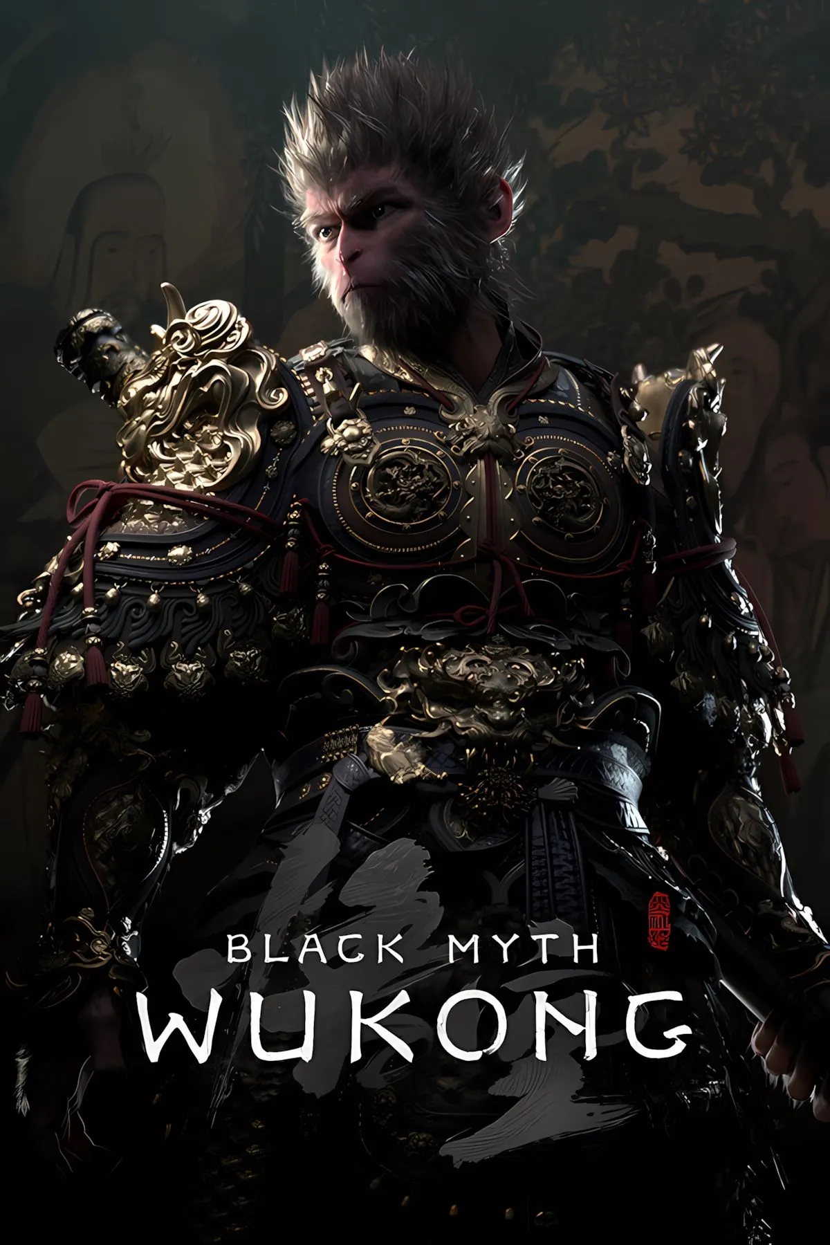 Ảnh bìa Black Myth: Wukong, một chiến binh khỉ với chiếc gậy phép trên lưng, trong một cảnh rừng tối