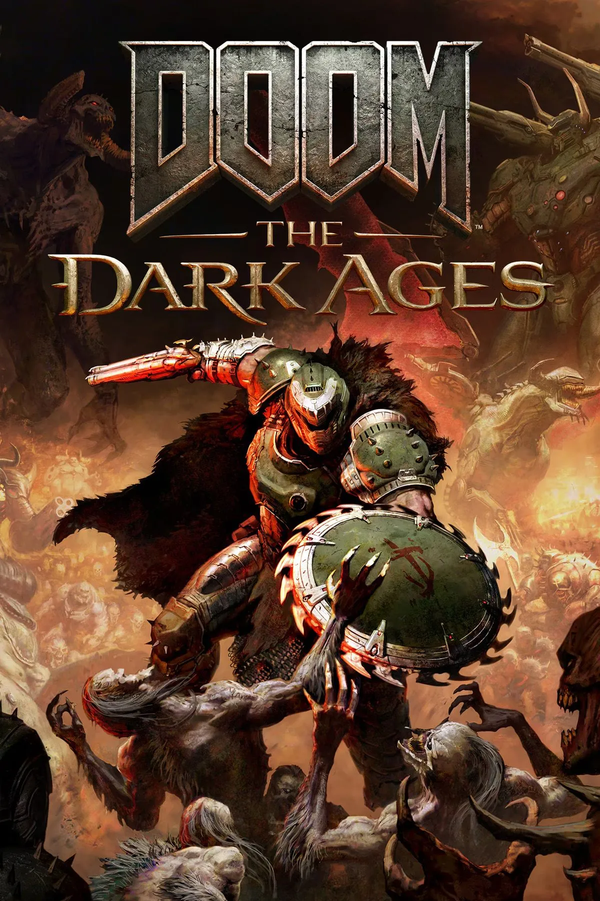 Ảnh bìa chính thức của Doom: The Dark Ages với Doom Slayer trong bộ giáp mới và khung cảnh chiến trường tăm tối thời trung cổ