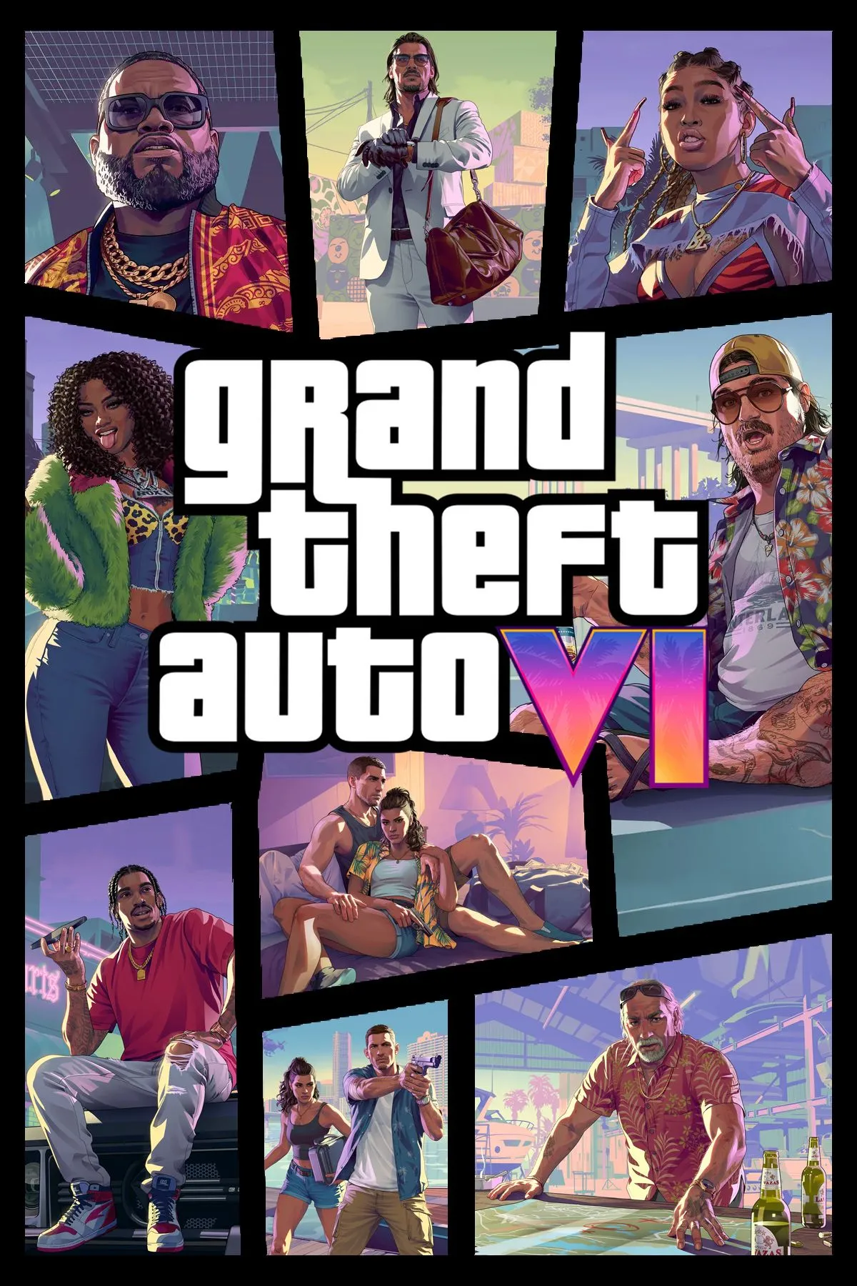Ảnh bìa game Grand Theft Auto 6 (GTA 6) với hình ảnh hai nhân vật chính Lucia và Jason đứng đối diện nhau, phía sau là cảnh thành phố Vice City sôi động với ánh đèn neon và xe cộ.