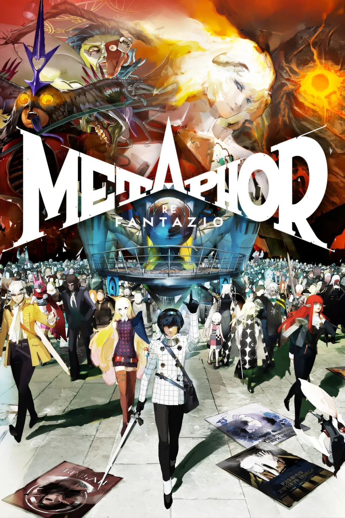 Ảnh bìa game Metaphor ReFantazio với nhân vật chính và biểu tượng vương miện