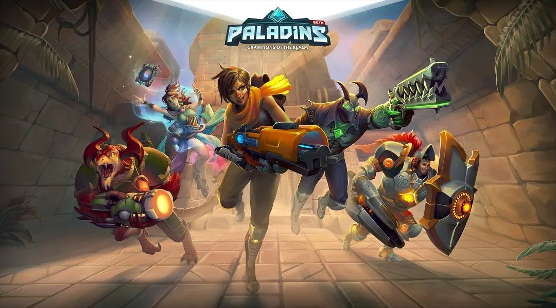 Ảnh bìa game Paladins Champions of the Realm với các vị tướng mạnh mẽ
