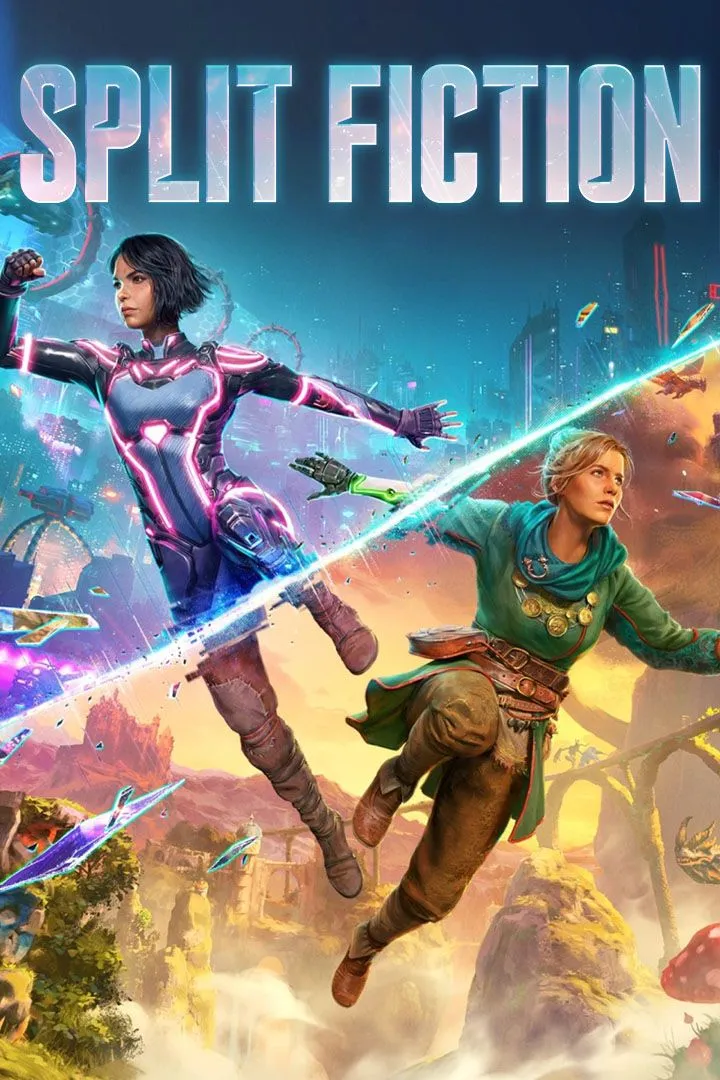 Ảnh bìa game Split Fiction với hai nhân vật chính và phong cách đồ họa độc đáo