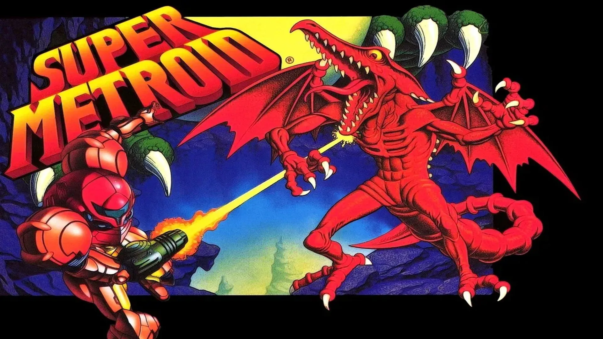 Ảnh bìa game Super Metroid trên Super Nintendo, với Samus Aran trong bộ Power Suit uy nghi đứng trước phông nền hành tinh Zebes bí ẩn.