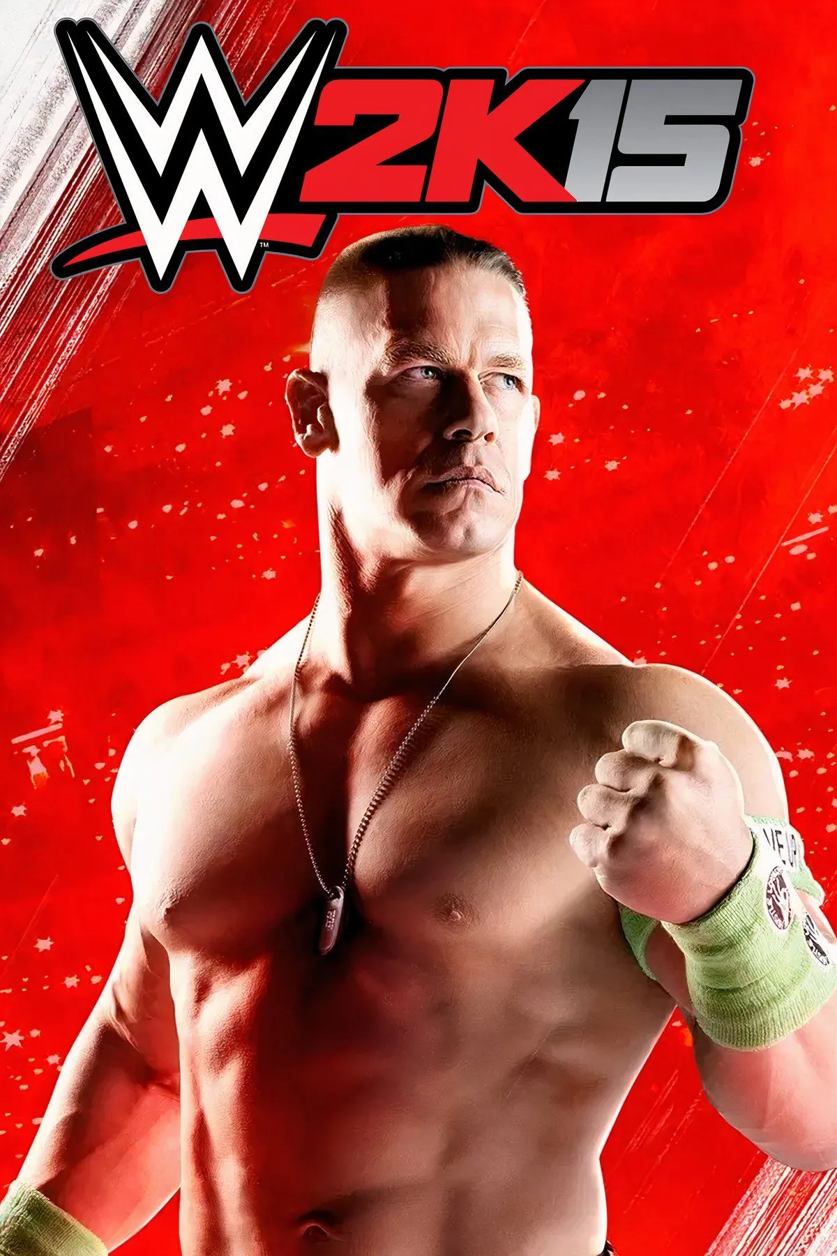 Ảnh bìa game WWE 2K15 với sự góp mặt của John Cena và các siêu sao đô vật.