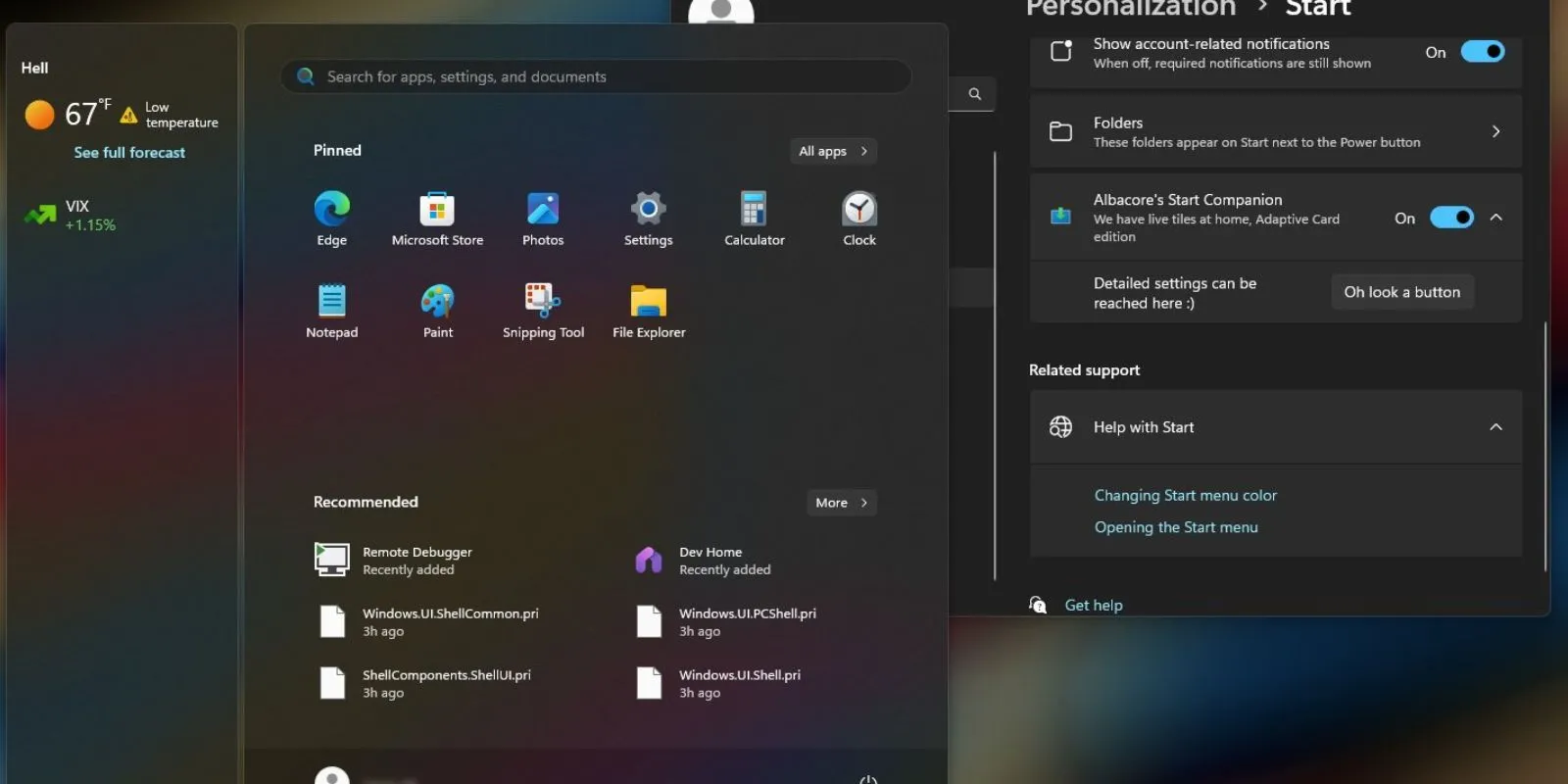 Ảnh chụp màn hình bảng điều khiển đồng hành Start Menu Windows 11 tùy chỉnh với ứng dụng thời tiết