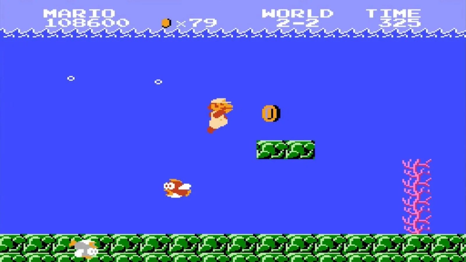 Ảnh chụp màn hình gameplay Super Mario Bros. với nhân vật Mario trong môi trường dưới nước