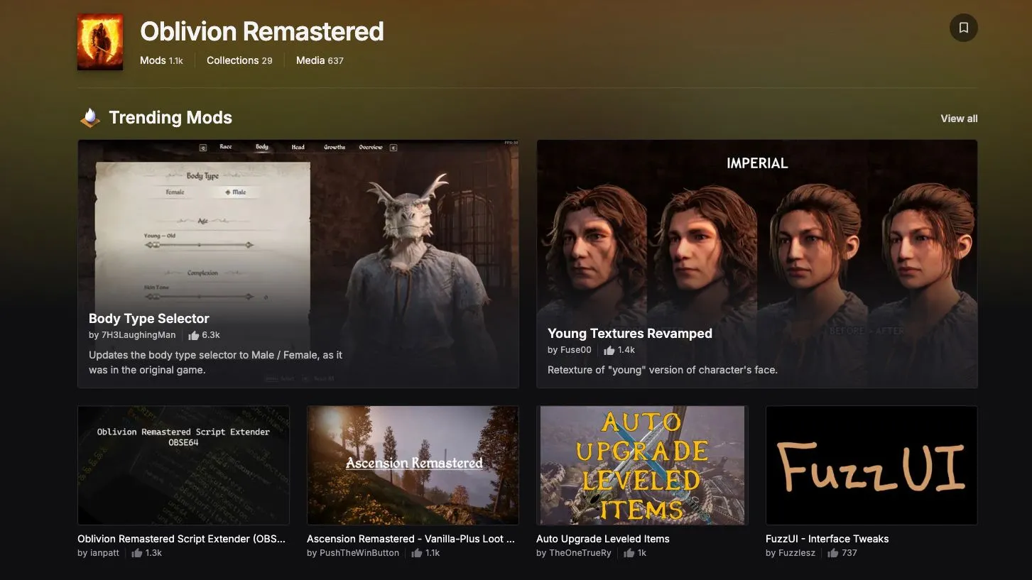 Ảnh chụp màn hình Nexus Mods hiển thị các mod phổ biến cho Oblivion Remastered, nổi bật là Ultimate Engine Tweaks giúp khắc phục giật lag game.