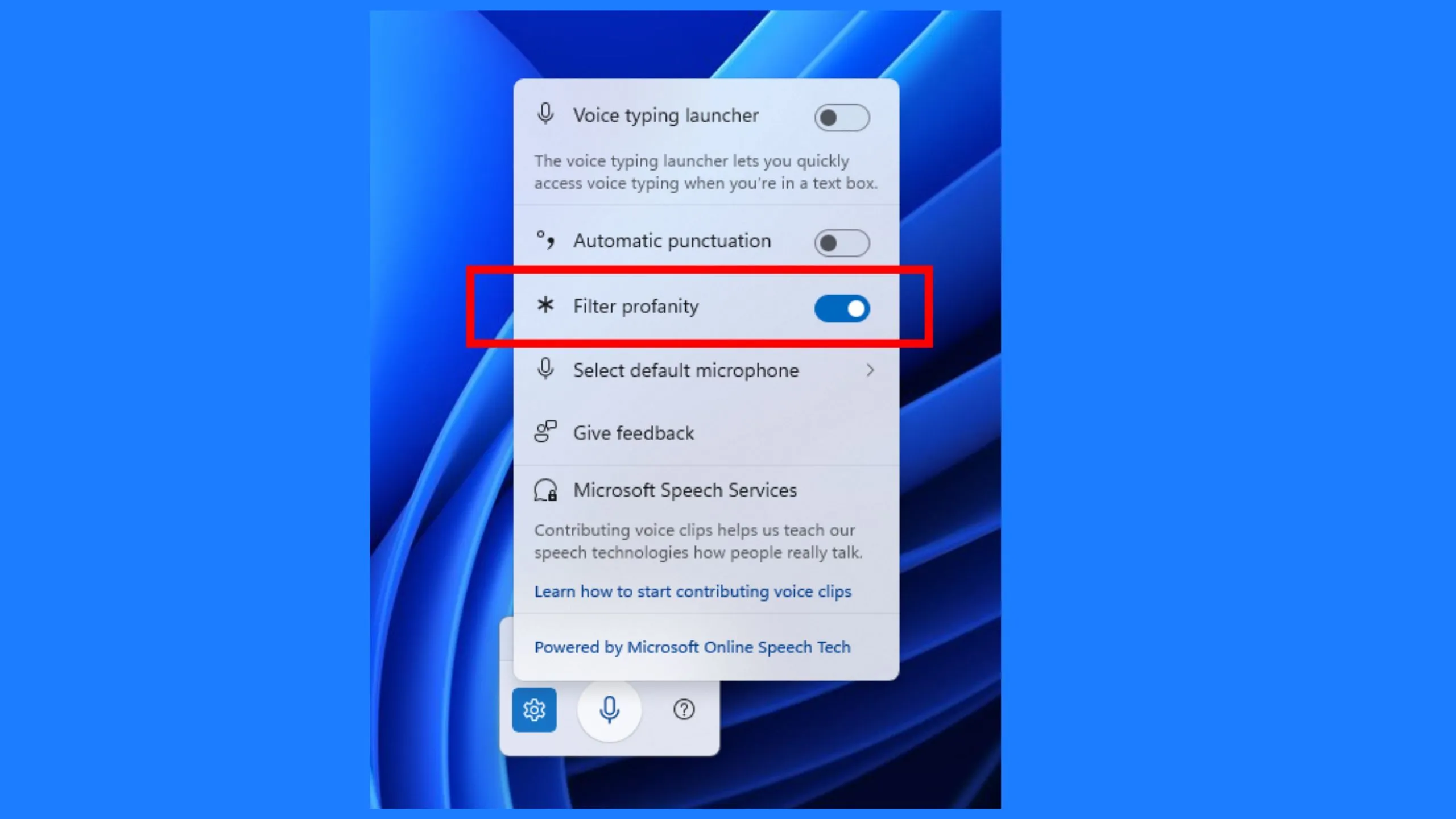 Ảnh chụp màn hình tính năng tắt bộ lọc từ ngữ trên gõ giọng nói Windows 11