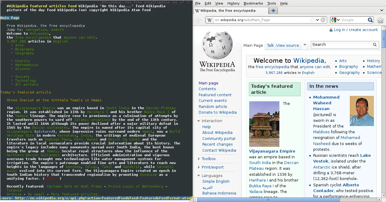 Ảnh chụp màn hình trình duyệt Lynx và Firefox hiển thị trang chủ Wikipedia cạnh nhau, thể hiện tính khả dụng và giao diện của trang web.