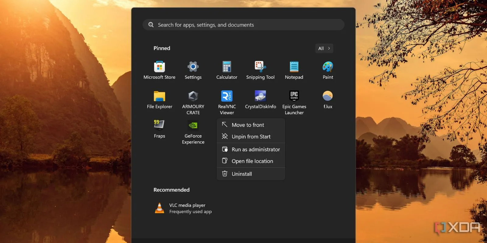 Ảnh chụp màn hình tùy chọn gỡ cài đặt ứng dụng trên Start Menu Windows 11, hiển thị menu ngữ cảnh