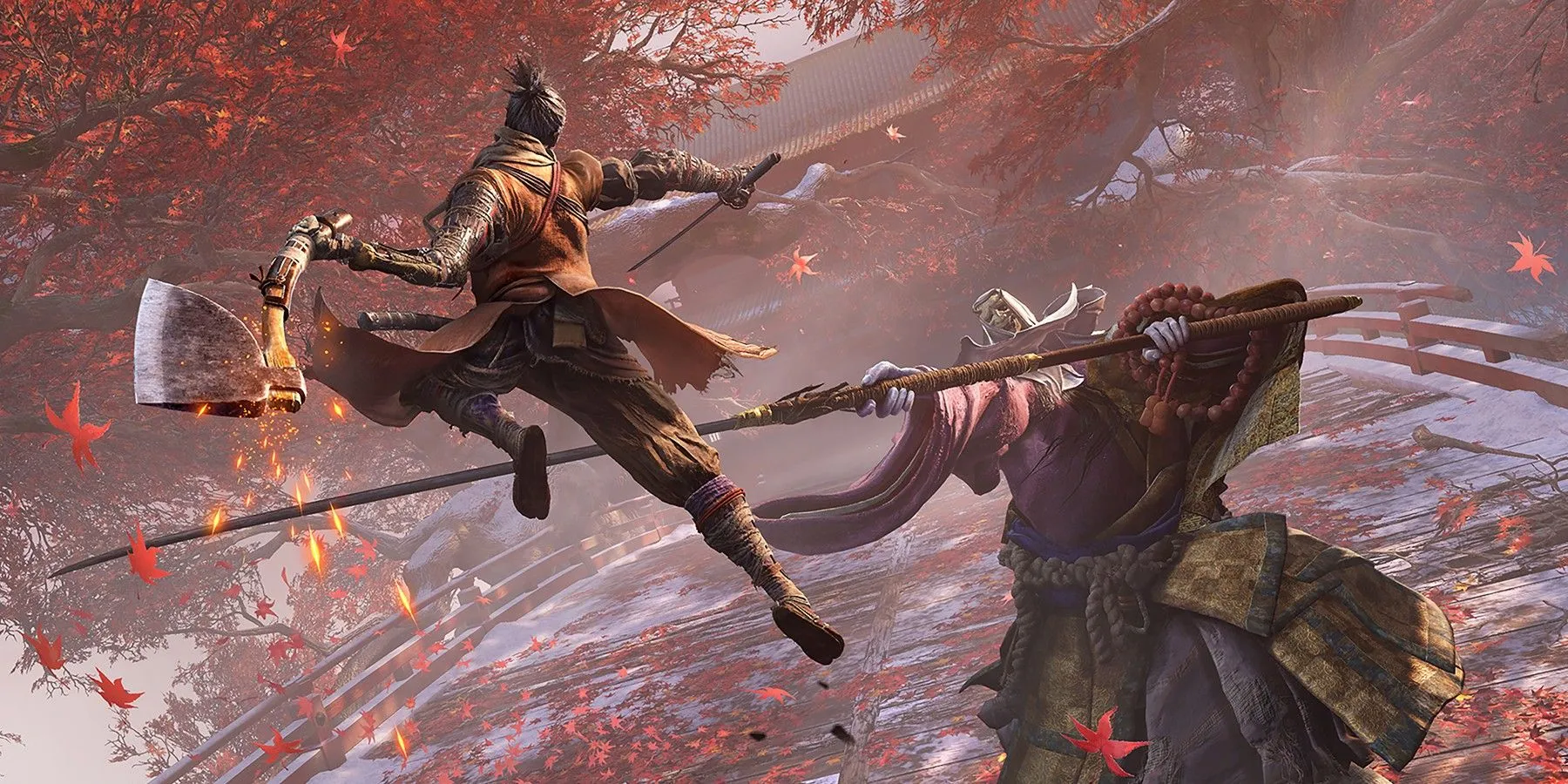 Ảnh nghệ thuật game Sekiro: Shadows Die Twice với nhân vật Wolf tấn công quái vật, minh họa cho game AAA có tầm ảnh hưởng.