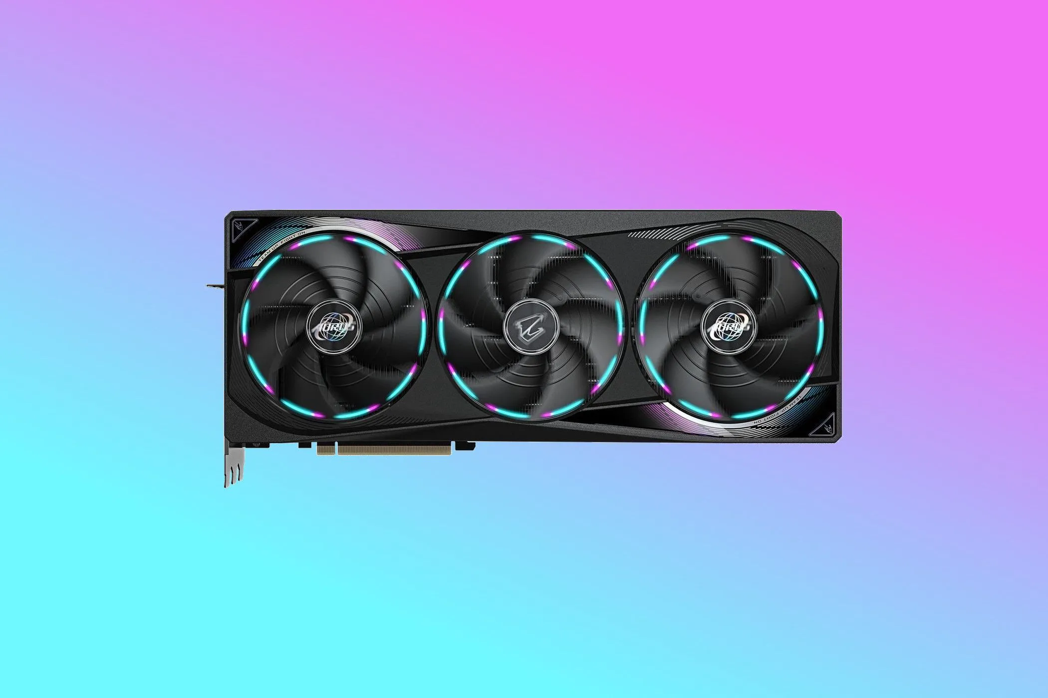 Ảnh render card đồ họa Gigabyte Aorus GeForce RTX 5070 Ti Master với hệ thống tản nhiệt ấn tượng