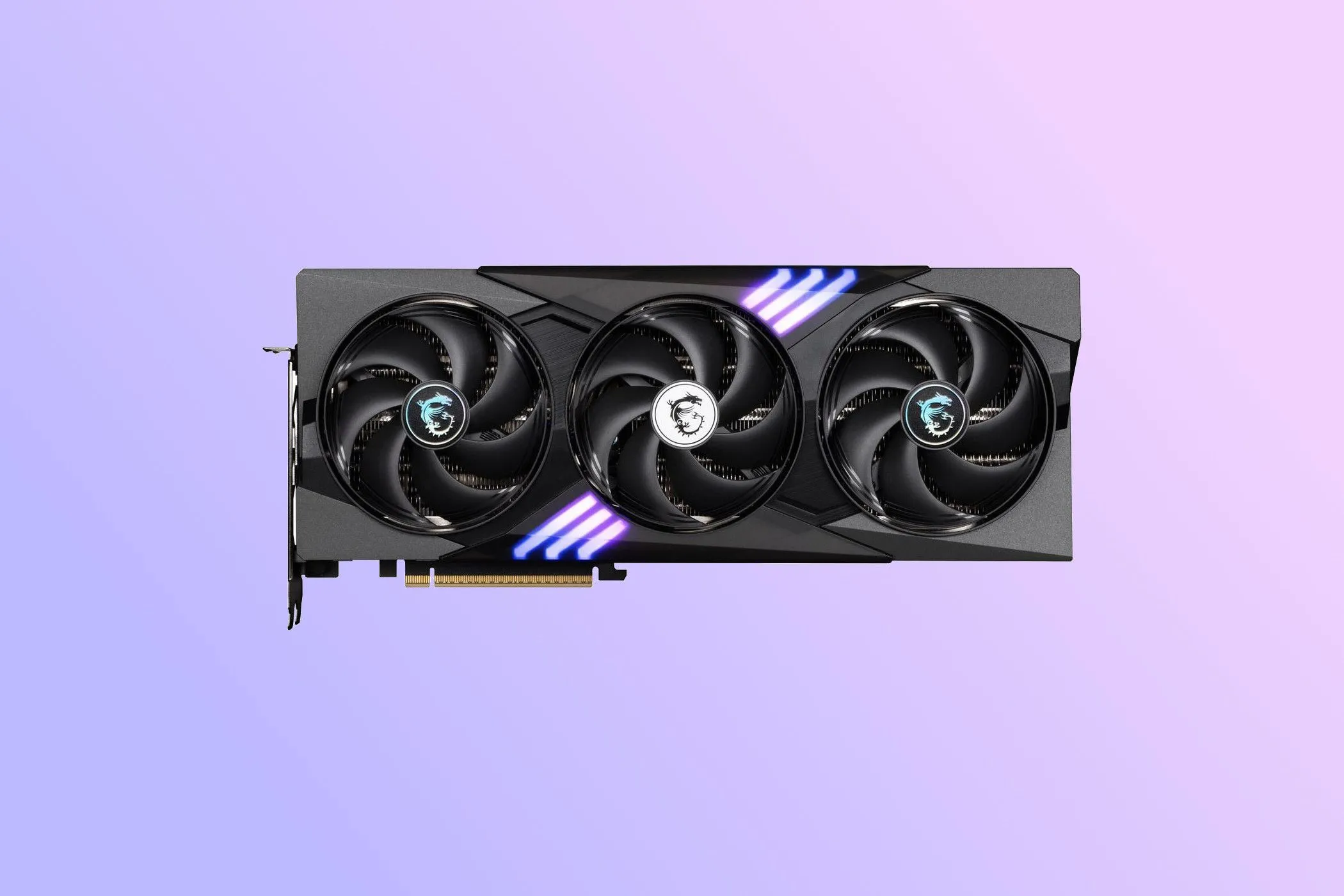 Ảnh render card đồ họa MSI GeForce RTX 5070 Ti Gaming Trio OC Plus với đèn RGB tinh tế
