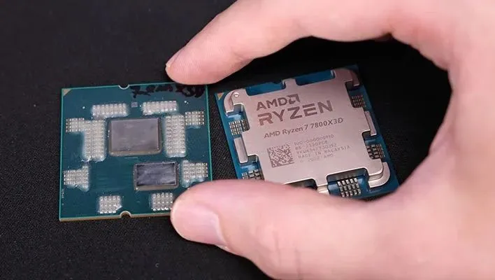 Ảnh so sánh giữa CPU Ryzen 7 7800X3D thật và giả, minh họa cấu trúc chiplet