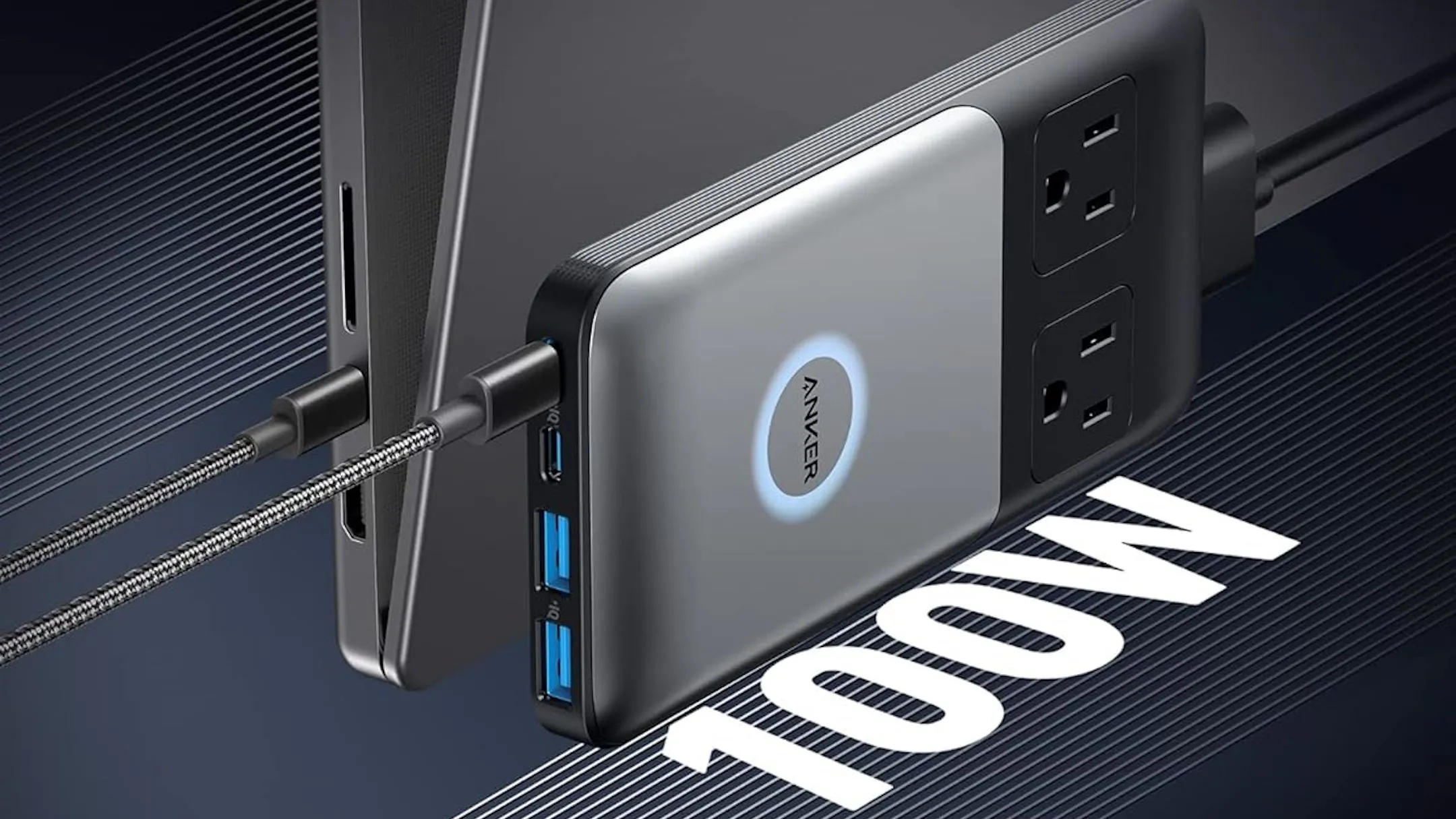 Anker 727 hiển thị các cổng sạc USB-C, USB-A và ổ cắm AC