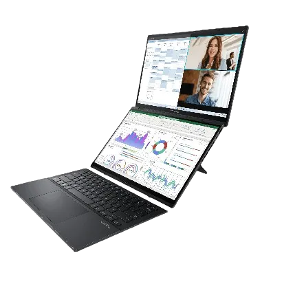 Asus Zenbook Duo với hai màn hình OLED 14 inch, bàn phím rời đặt trên màn hình dưới, thể hiện tính linh hoạt của laptop màn hình kép