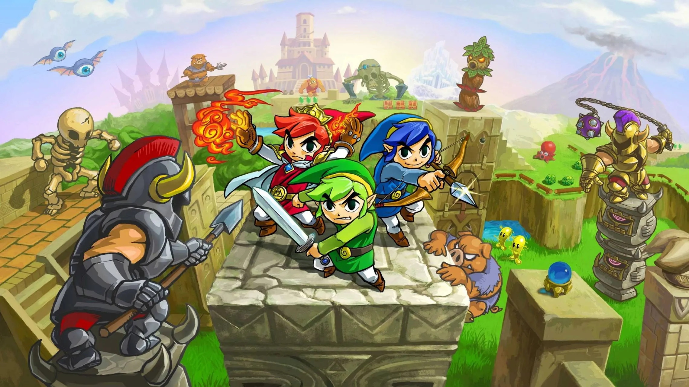 Ba Link hợp sức chiến đấu trong The Legend of Zelda: Tri Force Heroes, game phiêu lưu giải đố xếp hạng 15.