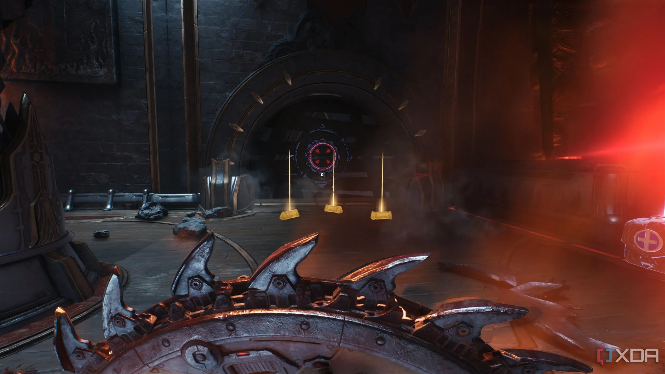 Ba thanh vàng gần bức tường gỗ cần Shield Charge trong Doom The Dark Ages Chương 4 Sentinel Barracks.