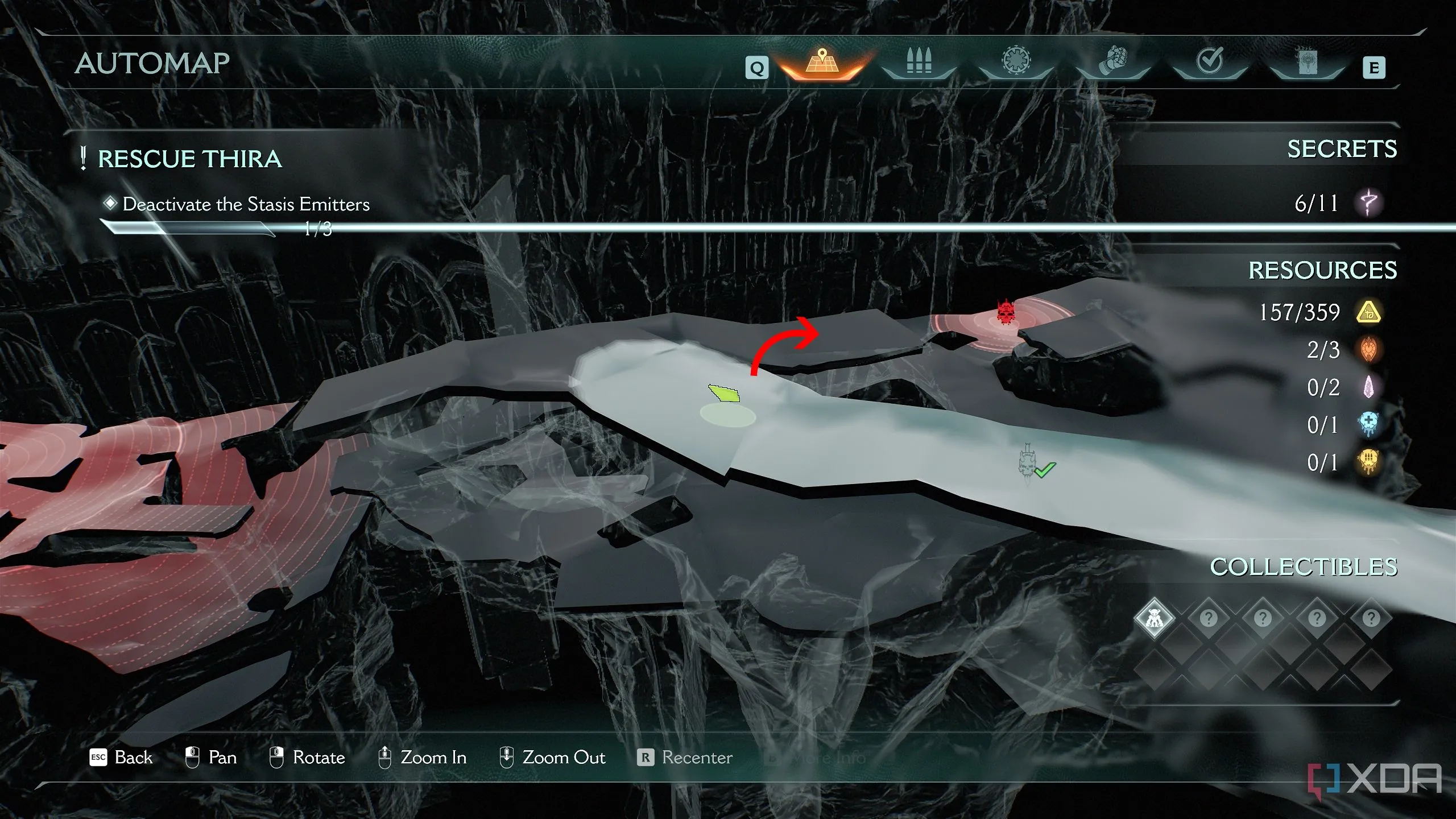 Bản đồ 3D Automap chỉ dẫn đi theo con đường chính rẽ phải trong Chương 14 Doom The Dark Ages.