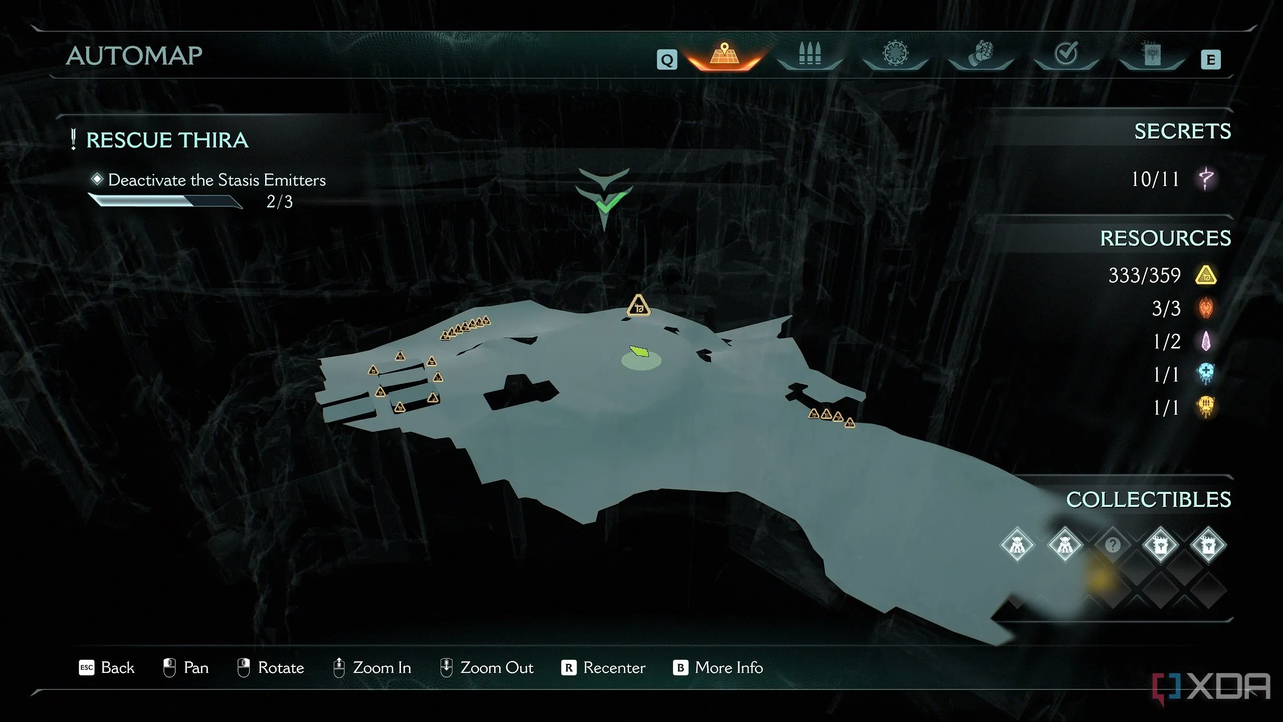 Bản đồ 3D Automap hiển thị khu vực hạ cánh bí mật và vị trí các thỏi vàng trong Chương 14 Doom The Dark Ages.