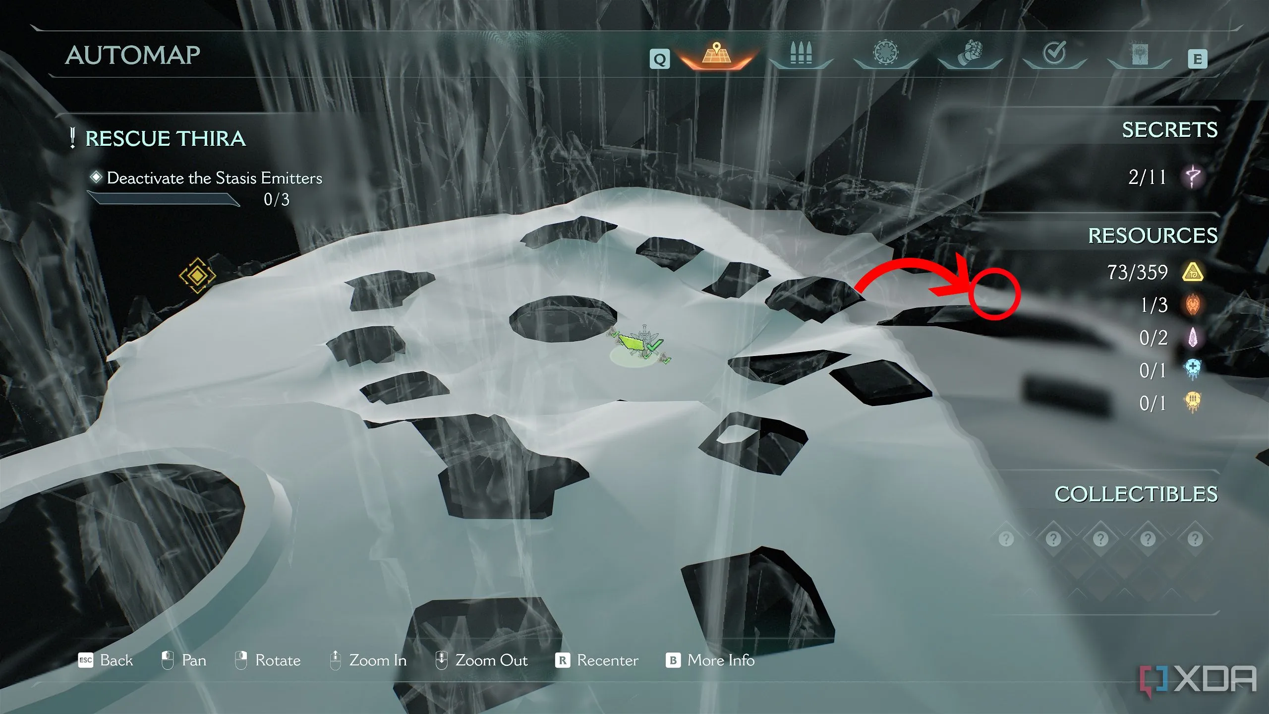 Bản đồ 3D Automap hiển thị vị trí các vệt vàng trong khu vực này của Chương 14 Doom The Dark Ages.