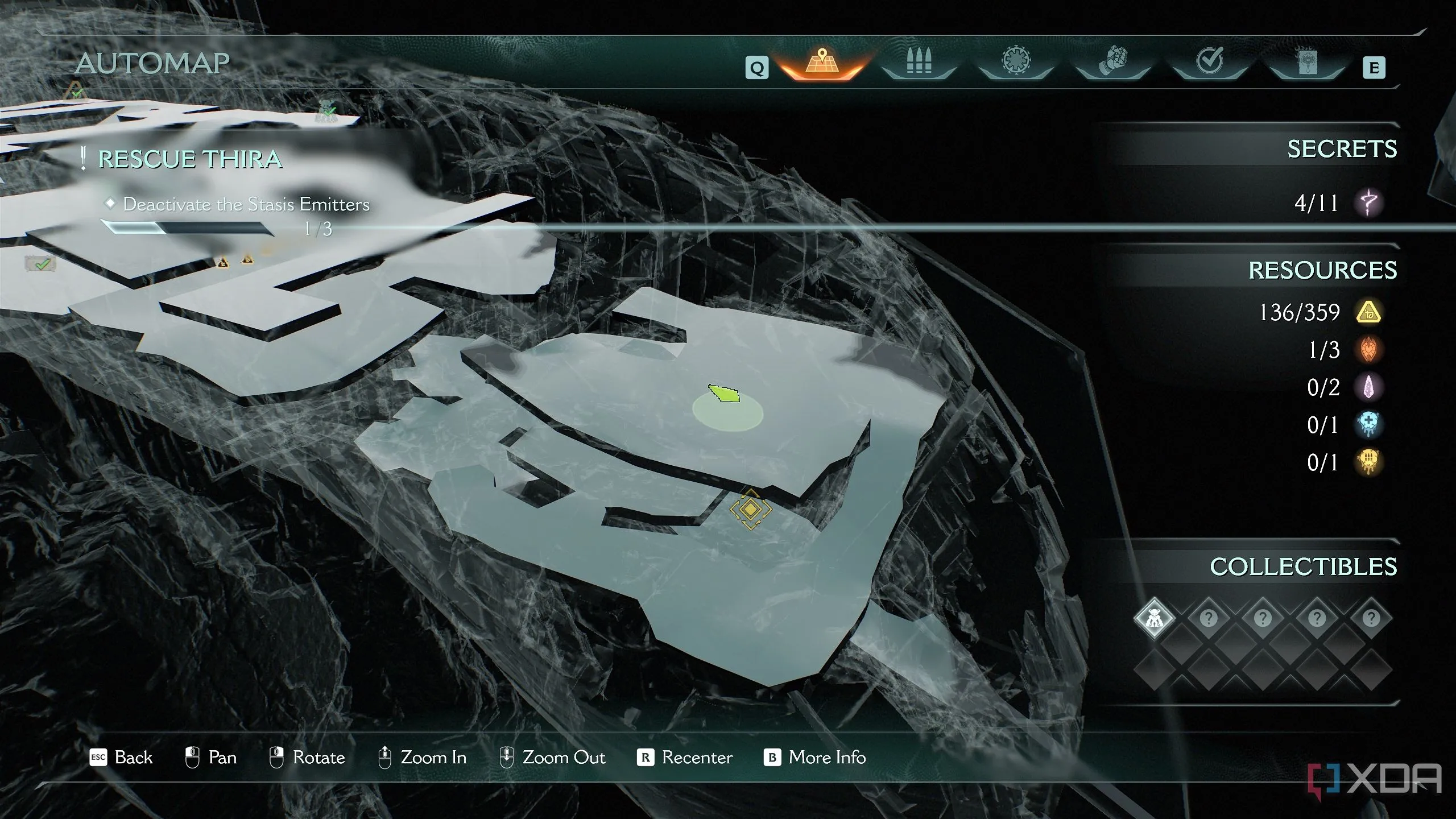 Bản đồ 3D Automap hiển thị vị trí của nền tảng với thanh chắn kim loại trong Chương 14 Doom The Dark Ages.