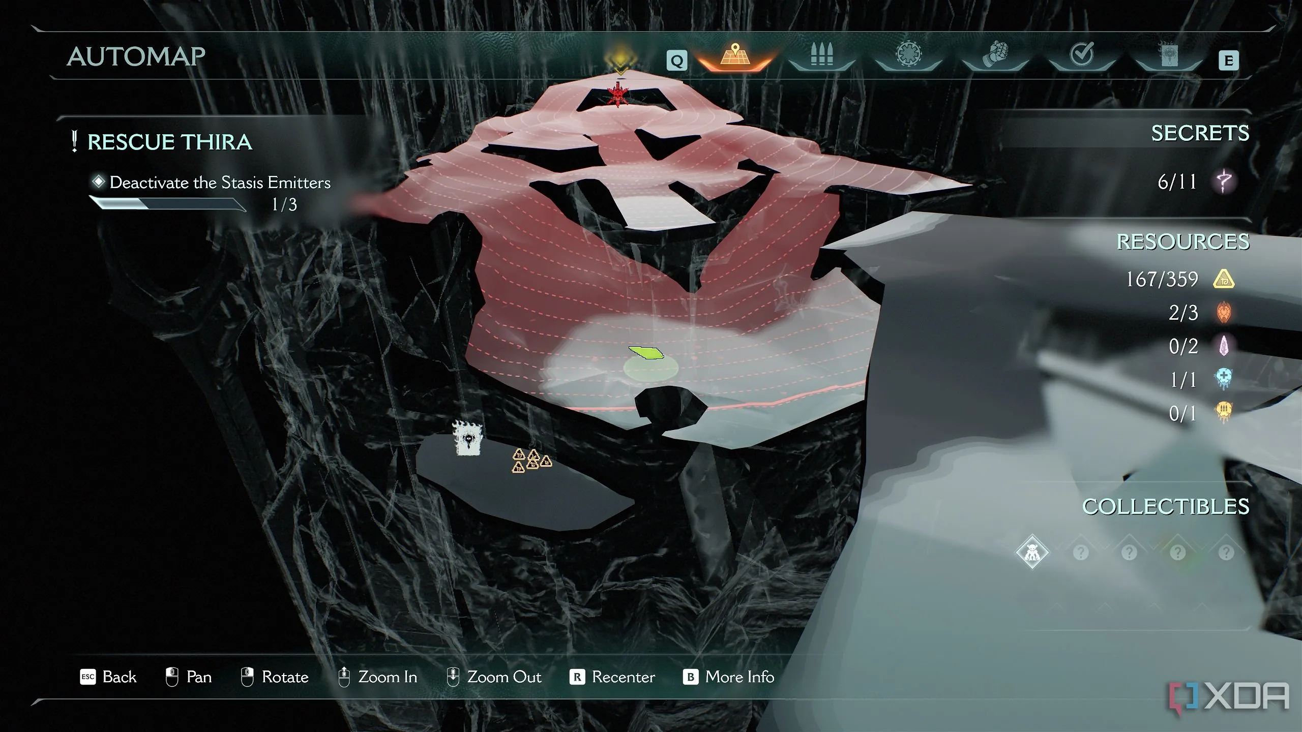 Bản đồ 3D Automap hiển thị vị trí của Trang Codex và thỏi vàng ở cấp độ thấp hơn trong Chương 14 Doom The Dark Ages.