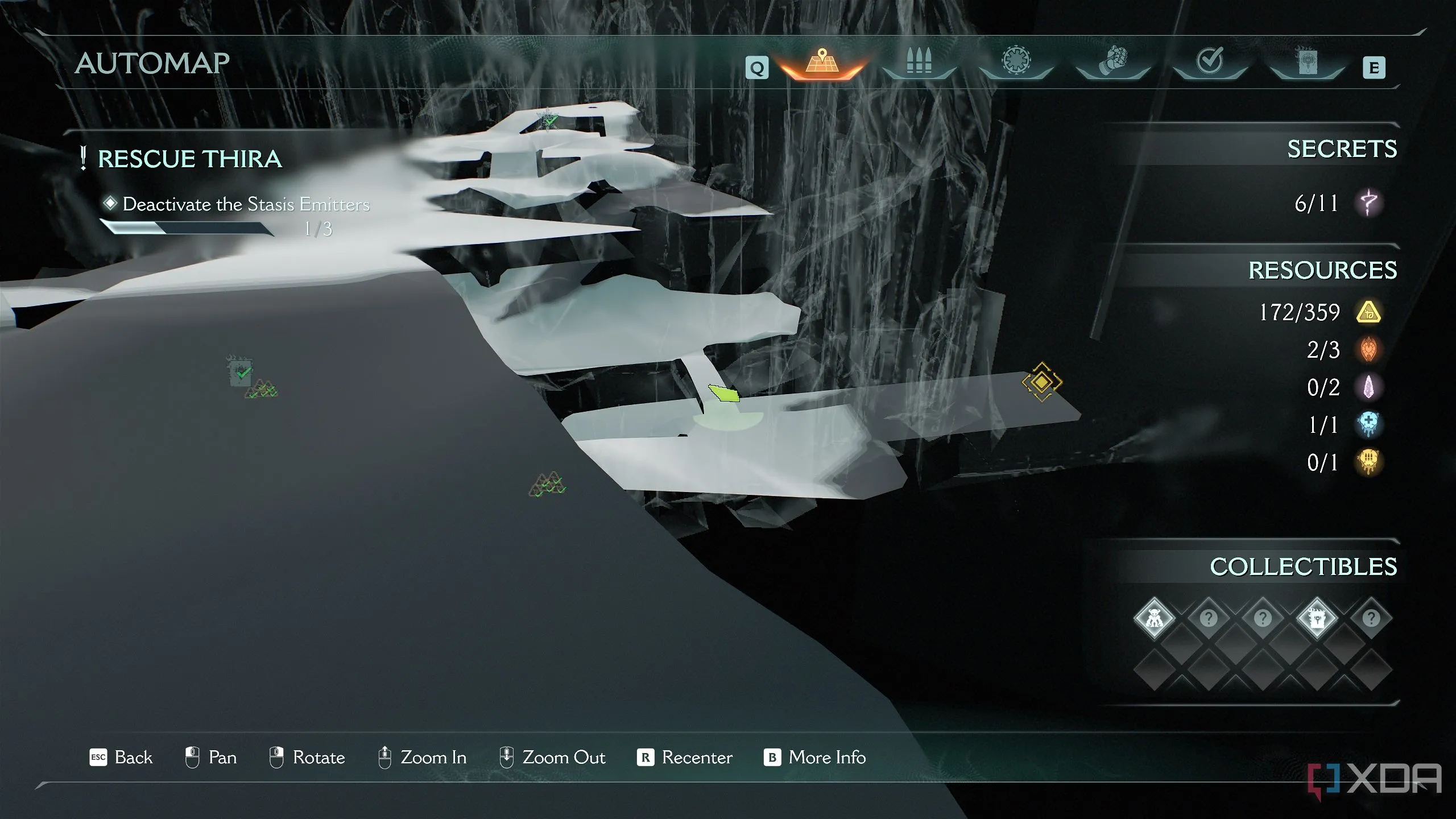 Bản đồ 3D Automap hiển thị vị trí dầm đá và thác nước trong Chương 14 Doom The Dark Ages.