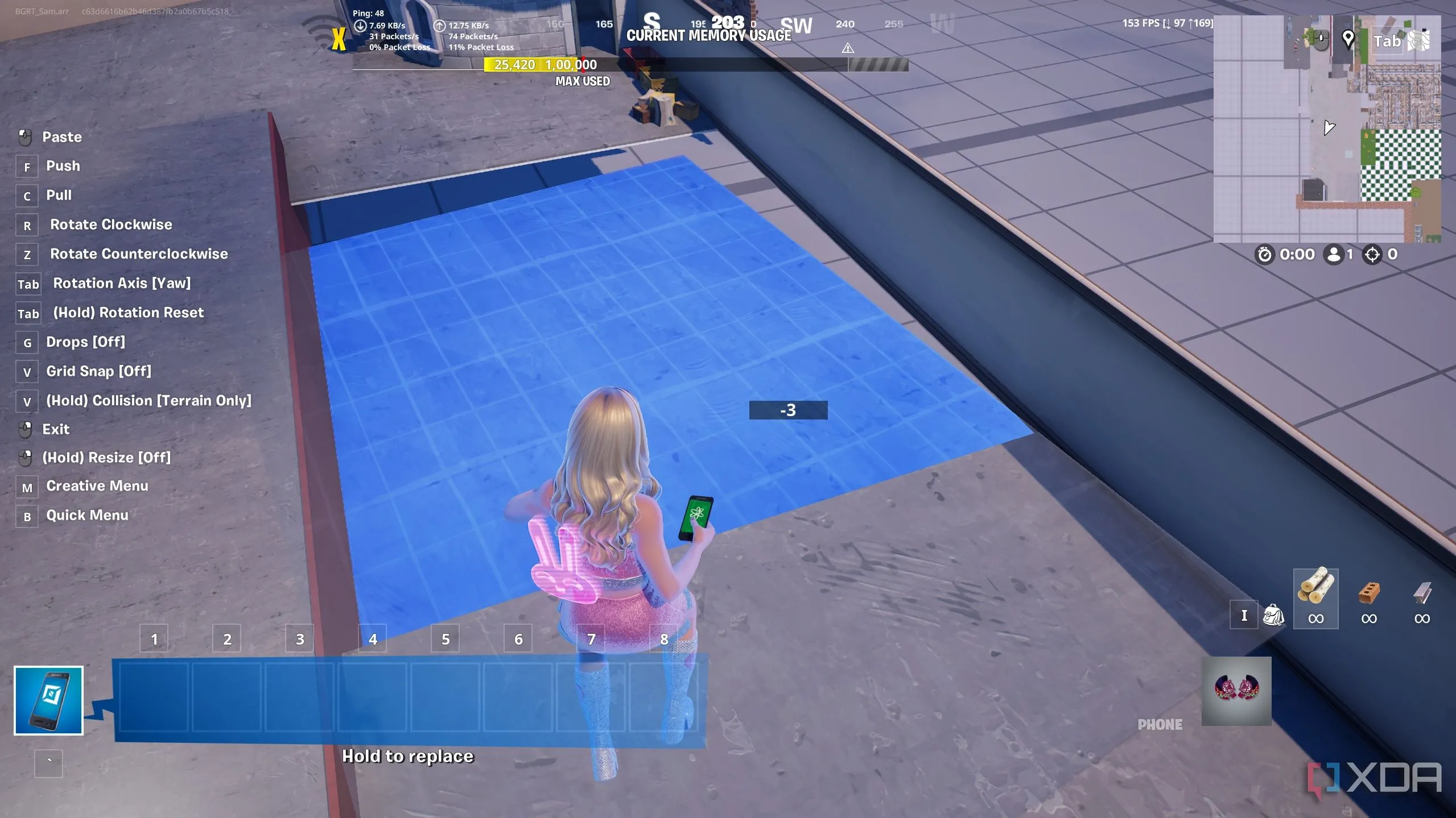 Bản đồ đang xây dựng trong Fortnite Creative cho thấy các phần sàn bị lệch, minh họa hạn chế khi thiết kế chi tiết.