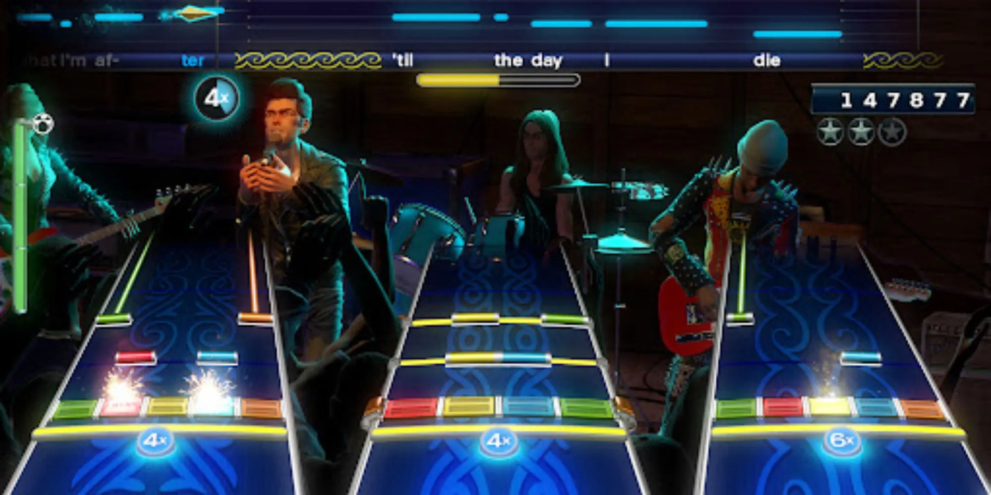 Ban nhạc đang trình diễn trong game Rock Band 4, minh họa lối chơi co-op sôi động.