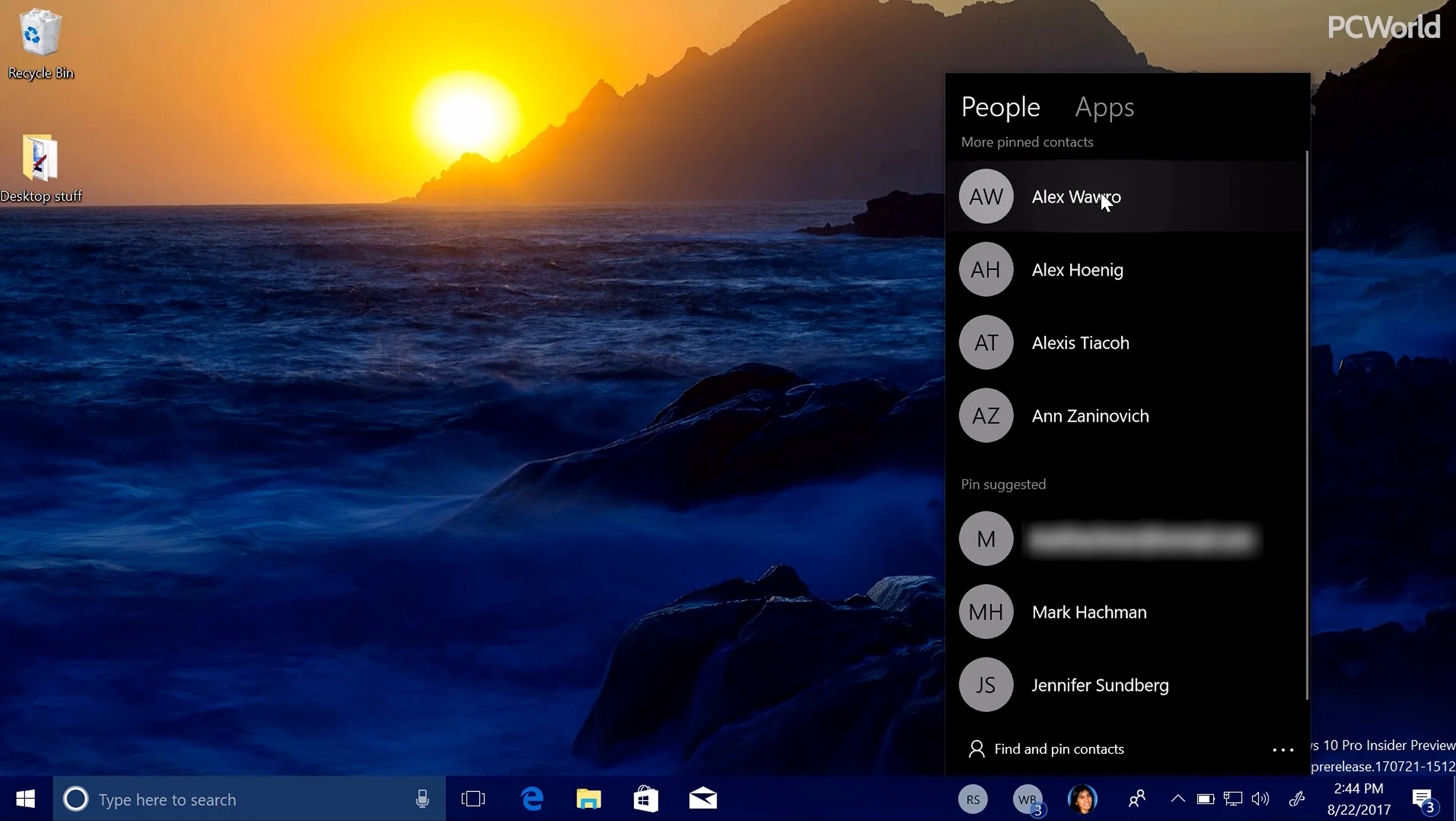 Bảng điều khiển My People trên thanh tác vụ Windows 10, hiển thị các liên hệ được ghim và tùy chọn giao tiếp.