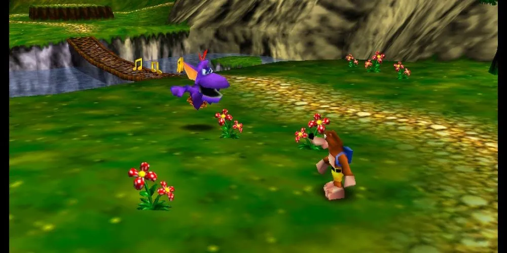 Banjo thư giãn gần một sinh vật màu tím trong cánh đồng xanh mướt của Banjo-Kazooie.