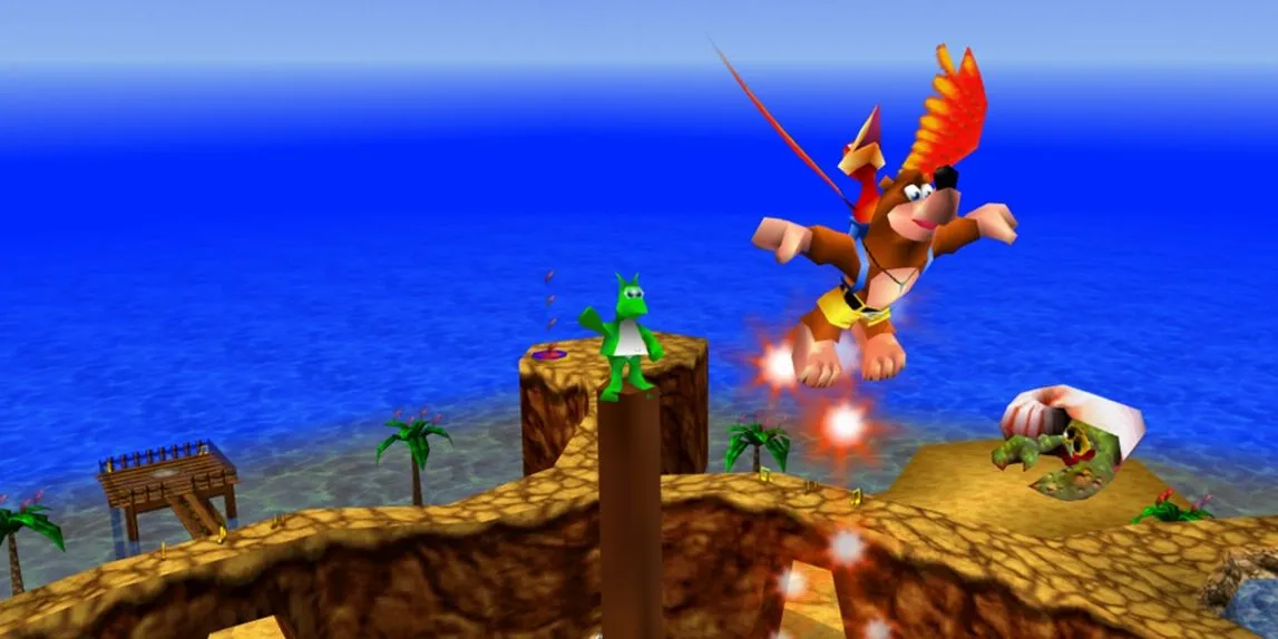 Banjo và Kazooie nhảy lên không trung để thu thập Jinjo trong game platformer 3D.