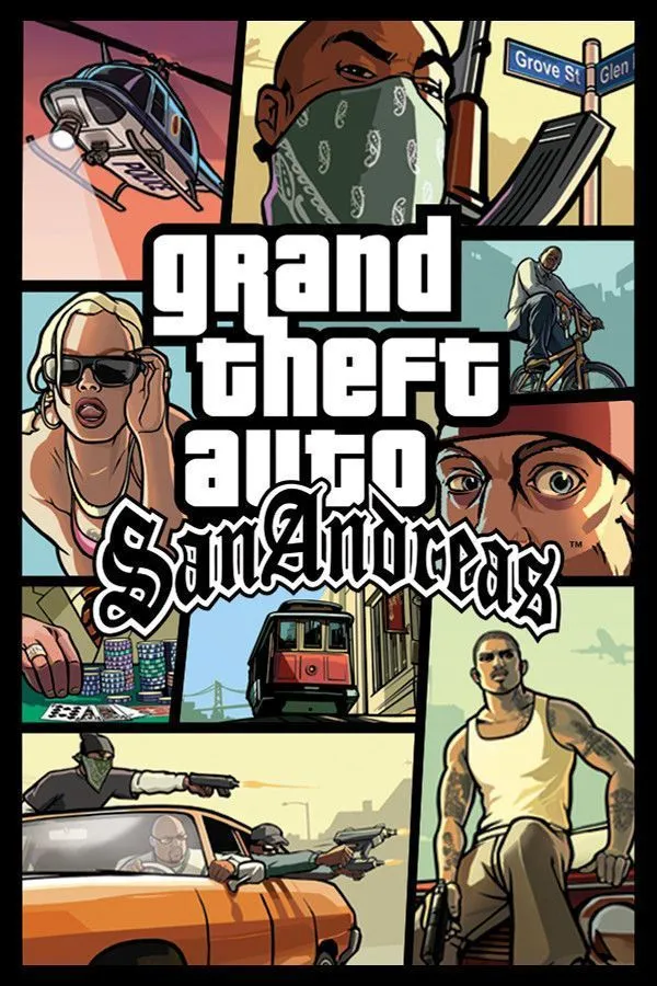 Bìa đĩa game Grand Theft Auto: San Andreas với hình ảnh các nhân vật chính