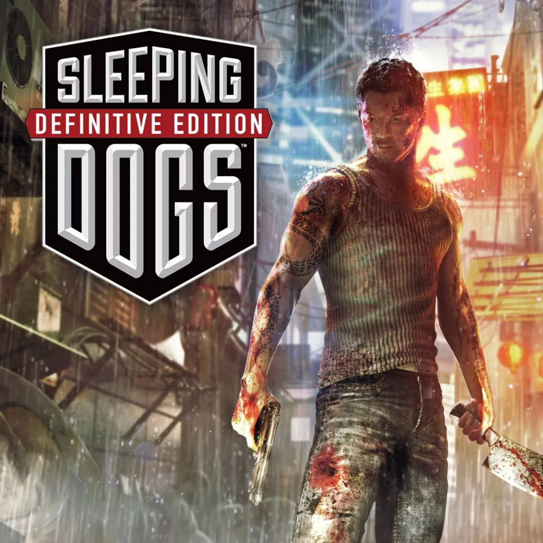 Bìa game Sleeping Dogs: Definitive Edition với nhân vật chính Wei Shen trong bối cảnh Hồng Kông, nhấn mạnh lối chơi hành động võ thuật.