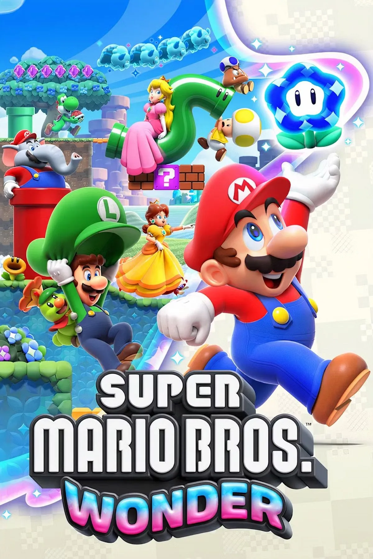 Bìa game Super Mario Bros. Wonder với các nhân vật Mario, Luigi, Peach, Toad và Yoshi
