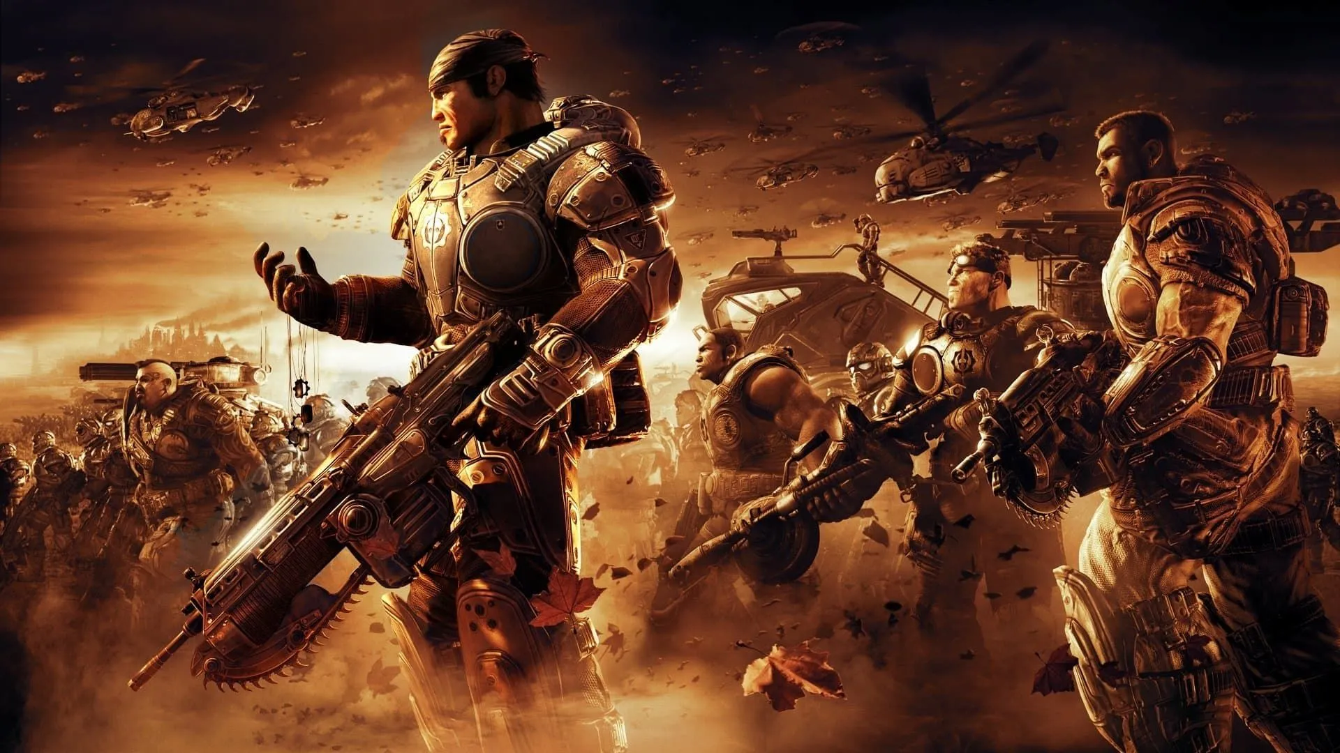 Bìa nghệ thuật của Gears of War 2 với các nhân vật chính được vũ trang đầy đủ và bối cảnh chiến đấu u ám.