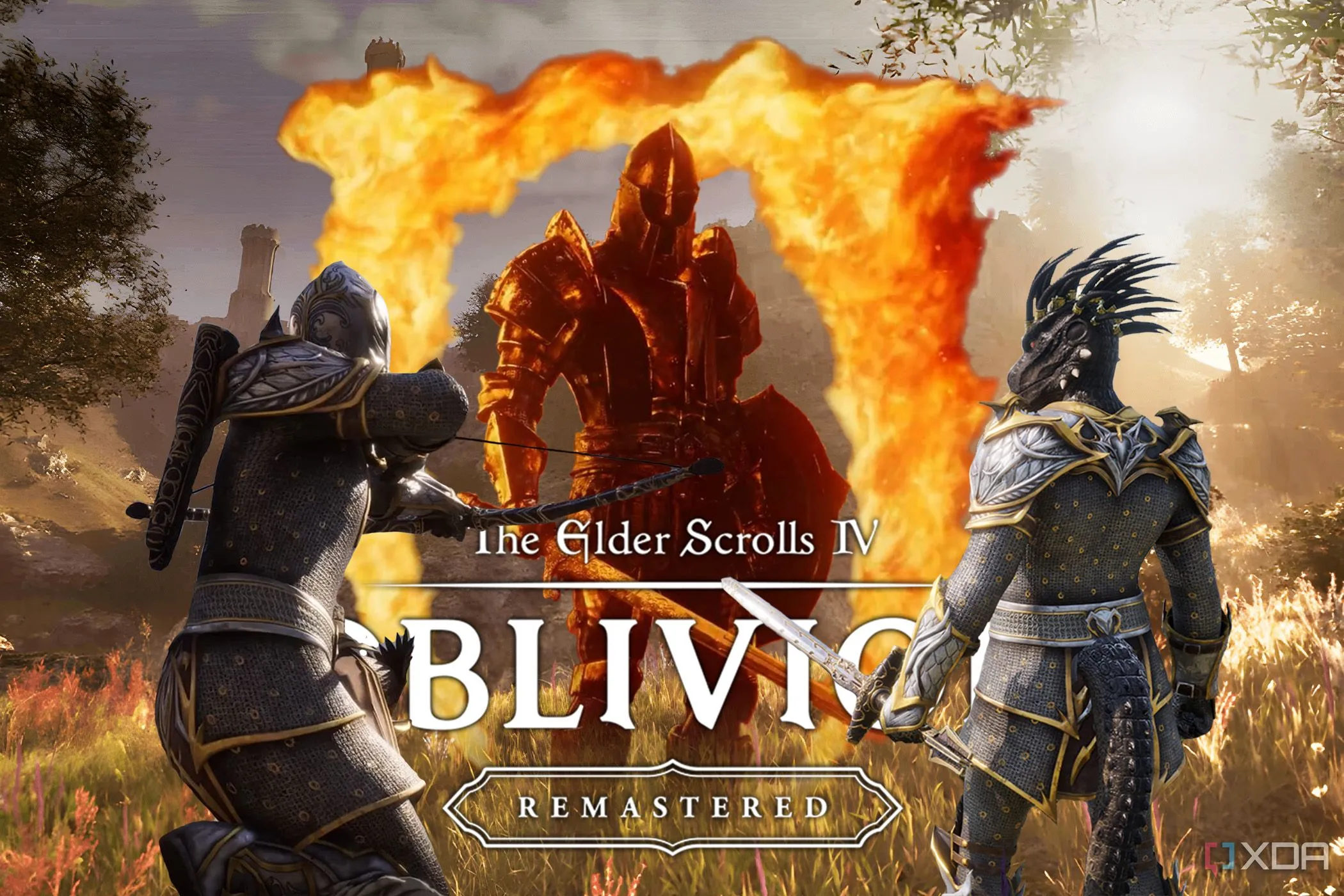 Biểu tượng Oblivion Remastered với các nhân vật đứng trước, minh họa trải nghiệm game ma cà rồng đầy thử thách