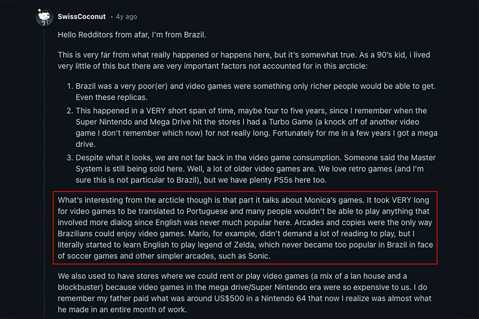 Bình luận trên Reddit về việc người chơi Brazil phải tự học tiếng Anh để chơi The Legend of Zelda do thiếu bản dịch game.