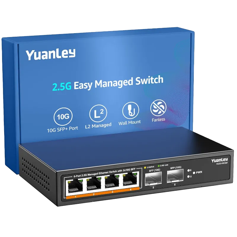 Bộ chuyển mạch mạng YuanLey 6 cổng 2.5G với các cổng Ethernet và SFP+ màu đen