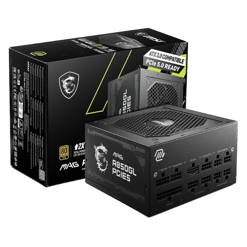 Bộ nguồn MSI MAG A850GL ATX 3.0 850W 80 Plus Gold, linh kiện quan trọng đảm bảo an toàn và hiệu suất ổn định cho hệ thống PC.