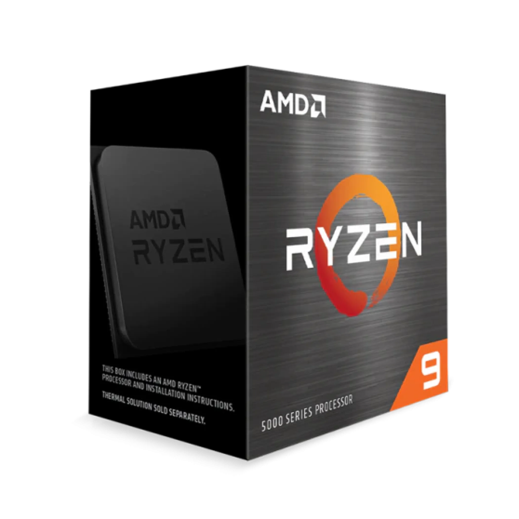 Bộ vi xử lý AMD Ryzen 9 5950X nhìn từ trên, thể hiện thiết kế và logo AMD.