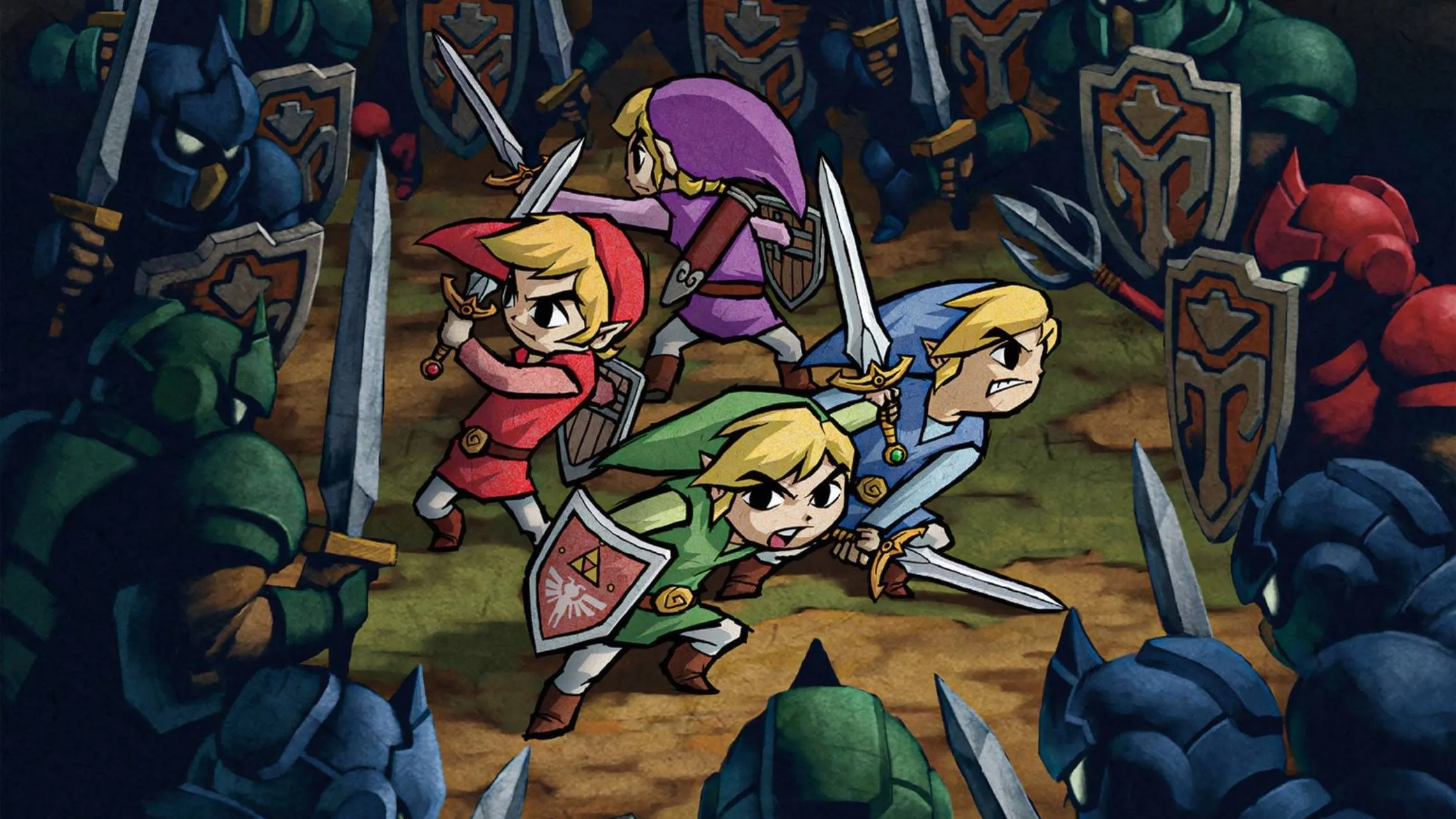 Bốn phiên bản của Link chiến đấu cùng nhau trong The Legend of Zelda: Four Swords Adventure, tựa game tập trung vào co-op xếp hạng 16.