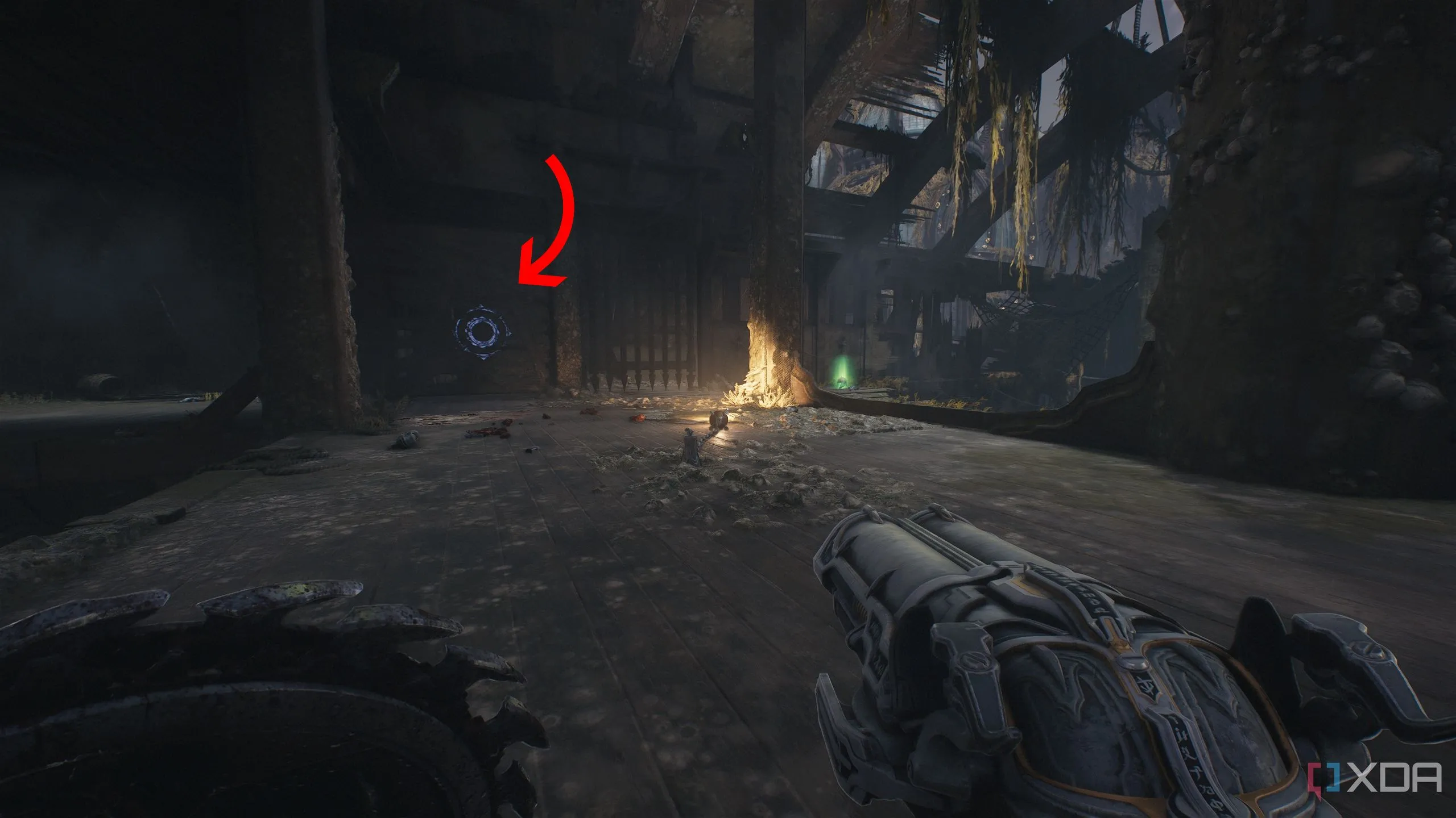 Bức tường gỗ với biểu tượng Shield Charge trong con tàu đắm trong Chương 14 Doom The Dark Ages.