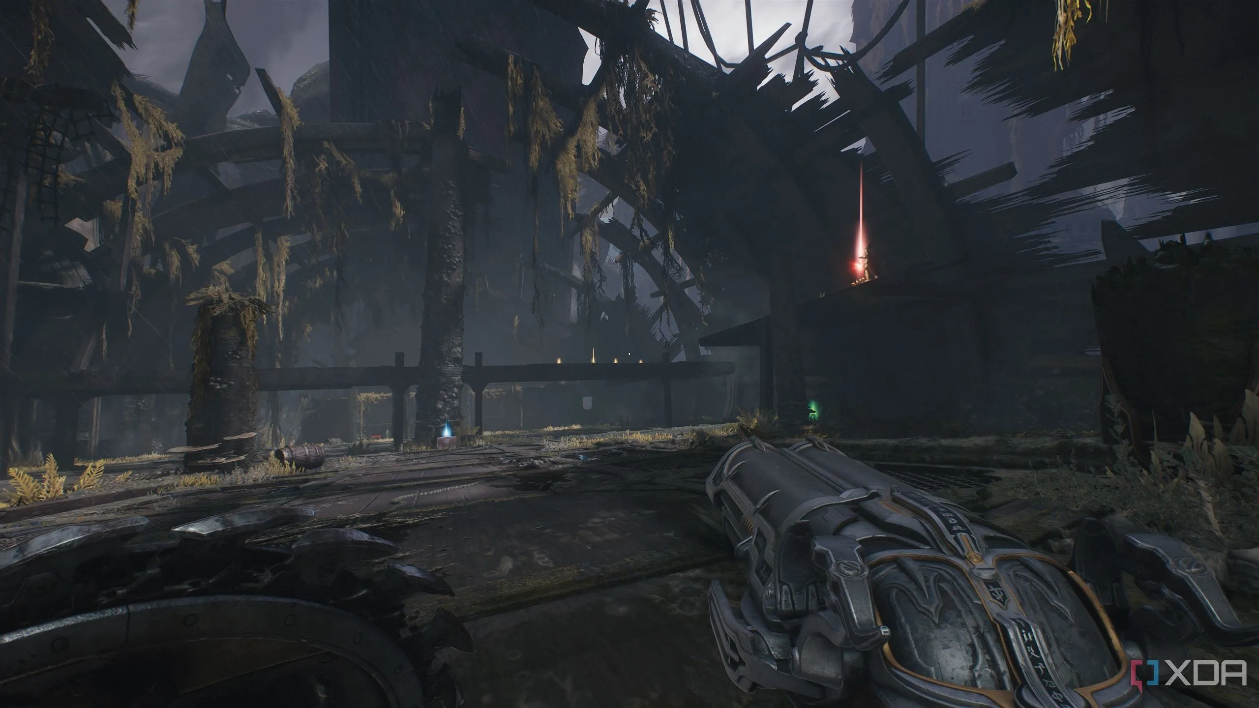 Bức tượng Ruby đỏ ở xa trên một bệ cao trong Chương 14 Doom The Dark Ages.