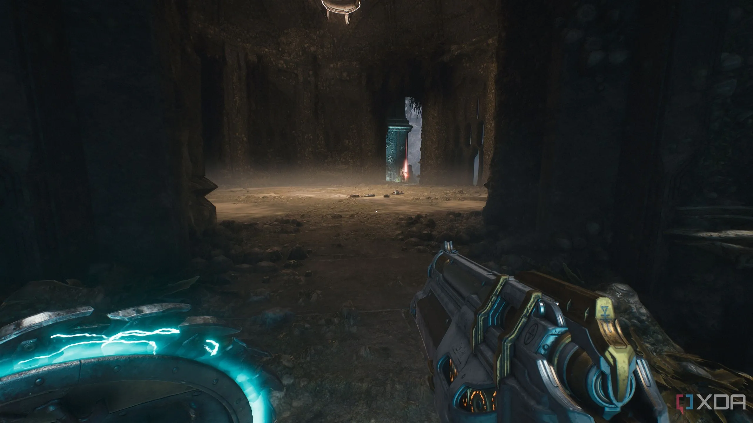 Bức tượng Ruby đỏ xuyên qua một hành lang trong Chương 14 Doom The Dark Ages.