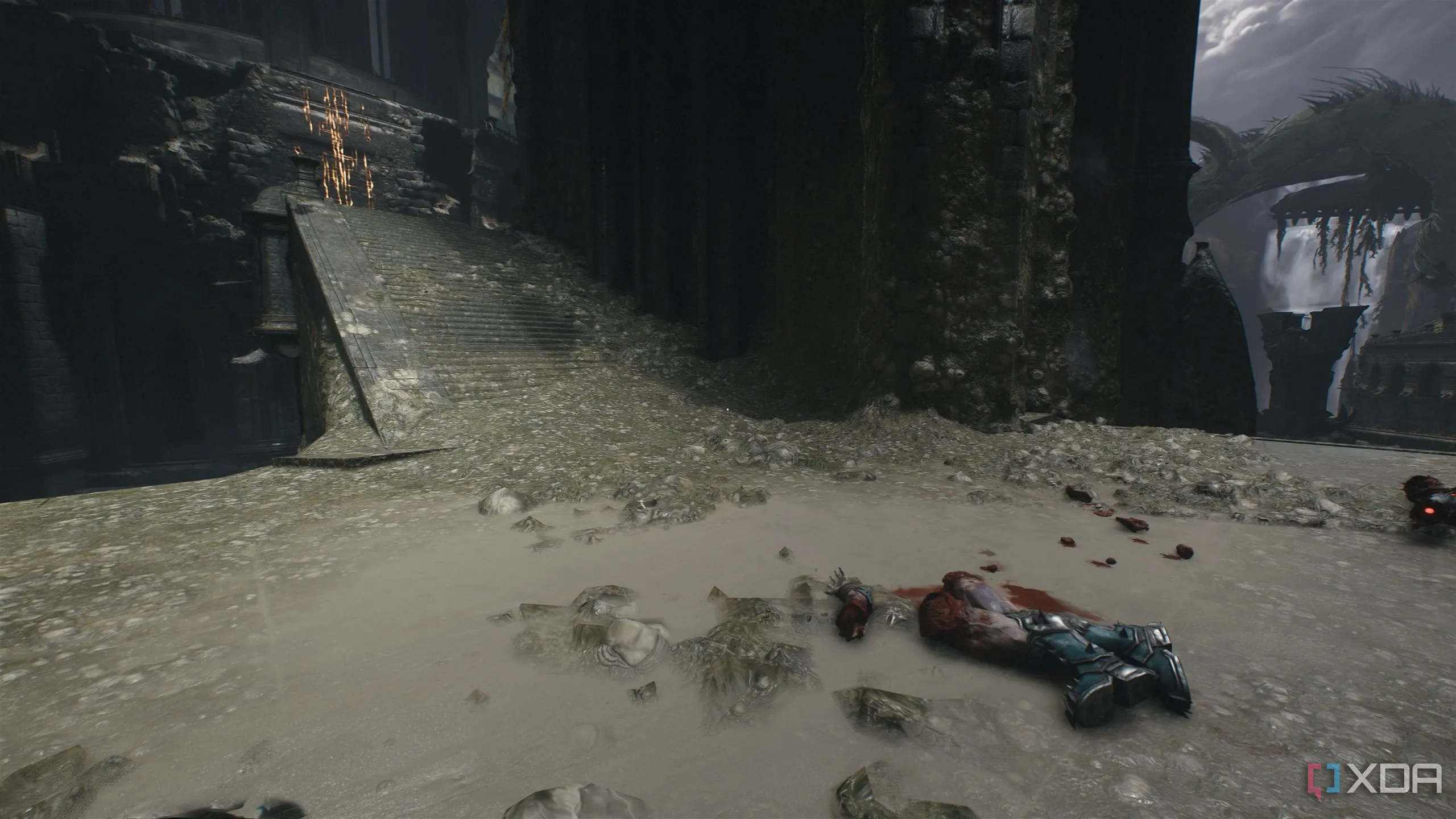 Bức tường tranh giành (scramble wall) ở phía bên kia cây cầu trong Chương 14 Doom The Dark Ages.