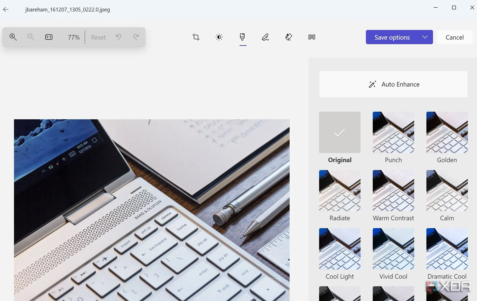 Các công cụ chỉnh sửa ảnh có sẵn trong ứng dụng Microsoft Photos mặc định.