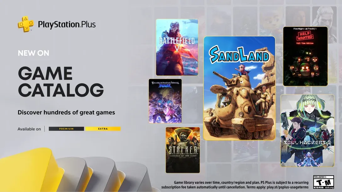 Các tựa game nổi bật trên PlayStation Plus tháng 5/2025 bao gồm Sand Land, Five Nights at Freddy's: Help Wanted và Battlefield V.